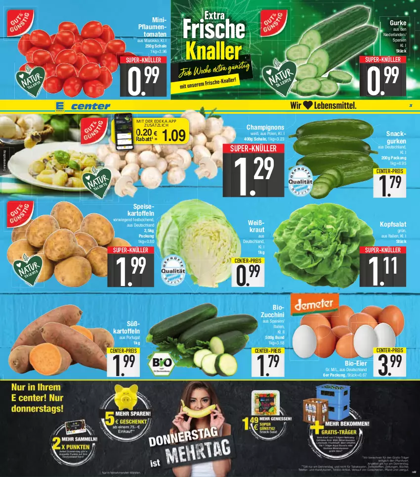 Aktueller Prospekt E Center - Angebote der Woche - von 13.03 bis 18.03.2023 - strona 3 - produkty: bio, champignon, champignons, coupon, deka, eier, eis, ente, gurke, gurken, kartoffel, kartoffeln, kopfsalat, Kraut, nuss, pflaume, pflaumen, reis, salat, Schal, Schale, snack, speisekartoffeln, super-knüller, Süßkartoffeln, tomate, tomaten, zucchini