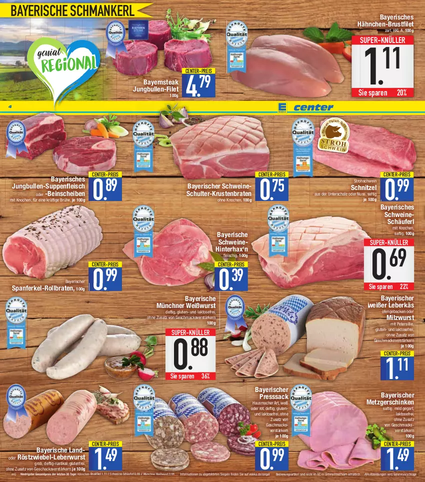 Aktueller Prospekt E Center - Angebote der Woche - von 13.03 bis 18.03.2023 - strona 4 - produkty: braten, Brühe, brustfilet, deka, eis, ente, filet, fleisch, geback, hähnchen-brustfilet, Hausmacher, jungbullen, krustenbraten, leberkäs, leberwurst, mac, nuss, Ofen, presssack, reis, rollbraten, sac, saft, Schal, Schale, schinken, schnitzel, schwein, schweine, steak, super-knüller, suppe, suppen, suppenfleisch, Ti, wein, weine, Weißwurst, wurst, ZTE, zwiebel