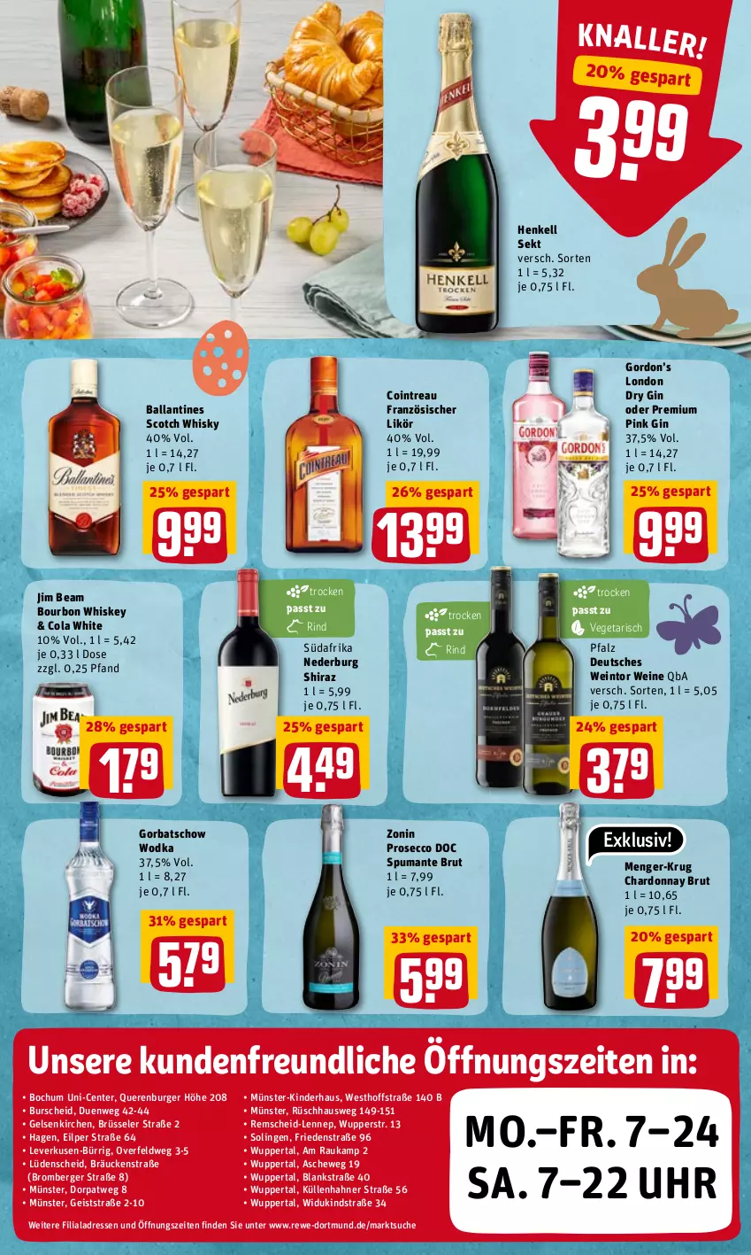 Aktueller Prospekt Rewe - REWE Ihr Kaufpark - von 21.03 bis 26.03.2022 - strona 21 - produkty: ball, Berger, bourbon, bourbon whiskey, brut, burger, chardonnay, cola, dry gin, ecco, eis, ente, gin, Gorbatschow, gorbatschow wodka, gordon, Gordon’s, henkel, henkell, henkell sekt, jim beam, Kinder, likör, london dry, london dry gin, nederburg, prosecco, puma, rind, scotch, scotch whisky, sekt, spumante, Ti, uhr, Vegeta, wein, weine, whiskey, whisky, wodka, zonin