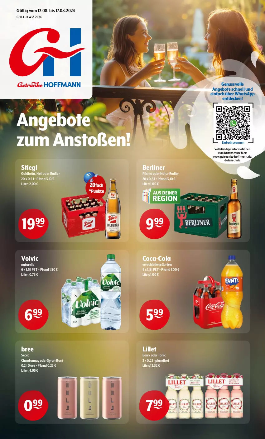 Aktueller Prospekt Getraenke Hoffmann - Prospekte - von 12.08 bis 17.08.2024 - strona 1 - produkty: angebot, angebote, berliner, bree, chardonnay, coca-cola, cola, decke, ecco, elle, lillet, natur, natur radler, nuss, oder radler, pils, pilsner, radler, rel, Stiegl, Ti, tonic, volvic