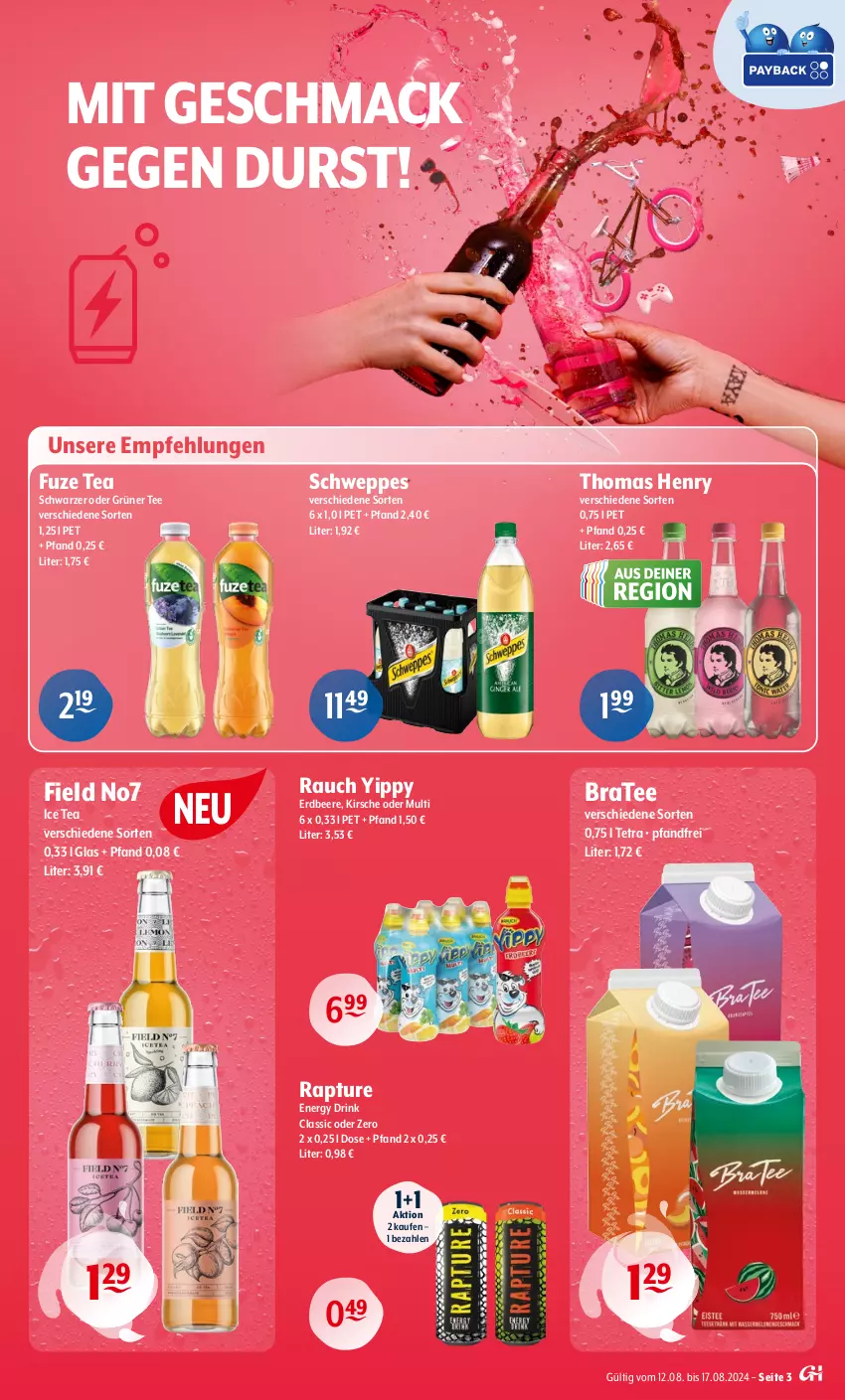 Aktueller Prospekt Getraenke Hoffmann - Prospekte - von 12.08 bis 17.08.2024 - strona 3 - produkty: beere, BraTee, drink, energy drink, erdbeere, fuze tea, grüner tee, ice tea, kirsch, kirsche, mac, Rauch, schweppes, tee, thomas henry, Ti