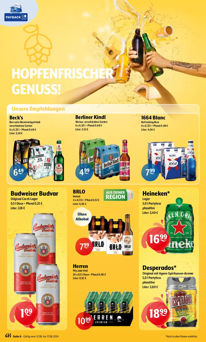 Aktueller Prospekt Getraenke Hoffmann - Prospekte - von 12.08 bis 17.08.2024 - strona 6 - produkty: alkohol, berliner, berliner kindl, bier, BRLO, budweiser, desperados, eis, getränk, gin, heineken, nuss, ohne alkohol, pils, spirituosen, Ti