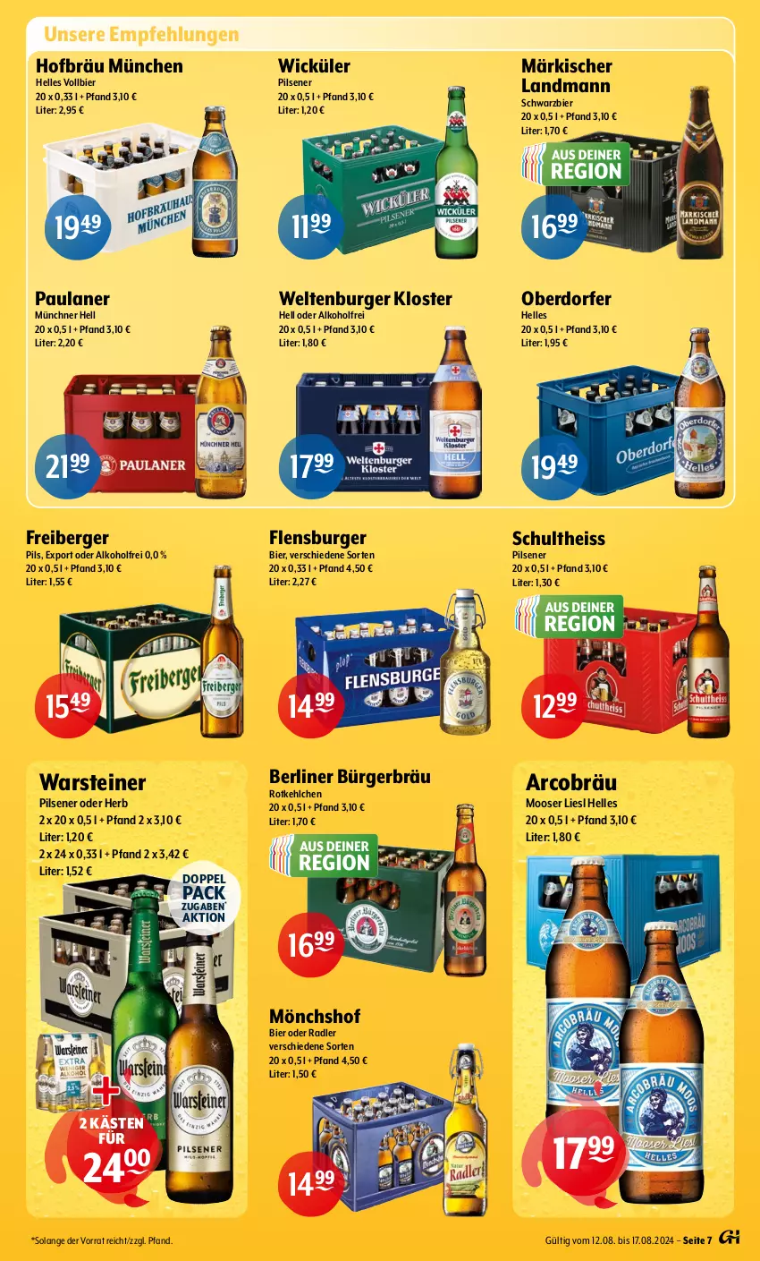 Aktueller Prospekt Getraenke Hoffmann - Prospekte - von 12.08 bis 17.08.2024 - strona 7 - produkty: alkohol, Berger, berliner, bier, burger, eis, elle, flensburger, Freiberger, mönchshof, oder radler, Paula, paulaner, pils, pilsener, radler, Schultheiss, steiner, Ti, warsteiner, WICK