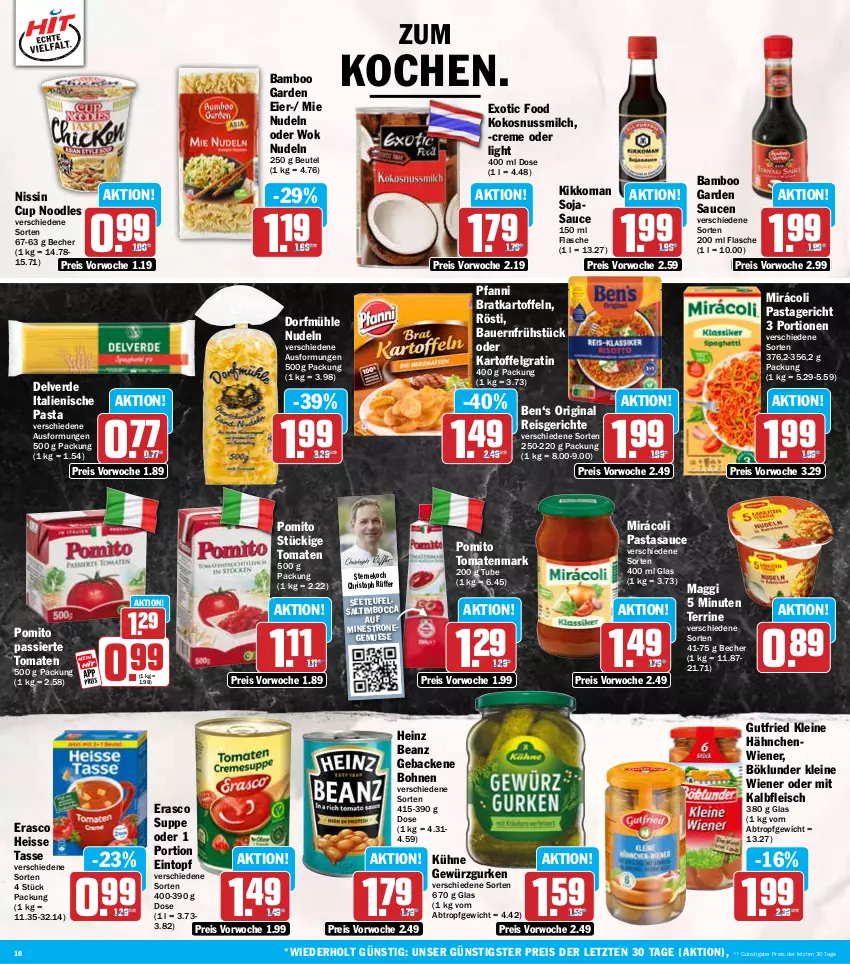 Aktueller Prospekt Hit - Wochenprospekt - von 16.06 bis 21.06.2025 - strona 10 - produkty: auer, bamboo, Bau, Bauer, beanz, Becher, beutel, bohne, bohnen, böklunder, creme, eier, eintopf, eis, erasco, erde, flasche, fleisch, geback, gewürz, Gewürzgurke, gewürzgurken, gin, gurke, gurken, gutfried, heinz, italienische pasta, Kalbfleisch, kartoffel, kartoffeln, kikkoman, kokos, kokosnuss, Kokosnussmilch, Kühne, leine, LG, maggi, milch, Mirácoli, mit kalbfleisch, Nissin, nudel, nudeln, nuss, pasta, Pastagericht, pfanni, pomito, reis, sauce, saucen, soja, sojasauce, suppe, tasse, terrine, Ti, tomate, tomaten, tomatenmark, topf, wiener, wok, ZTE