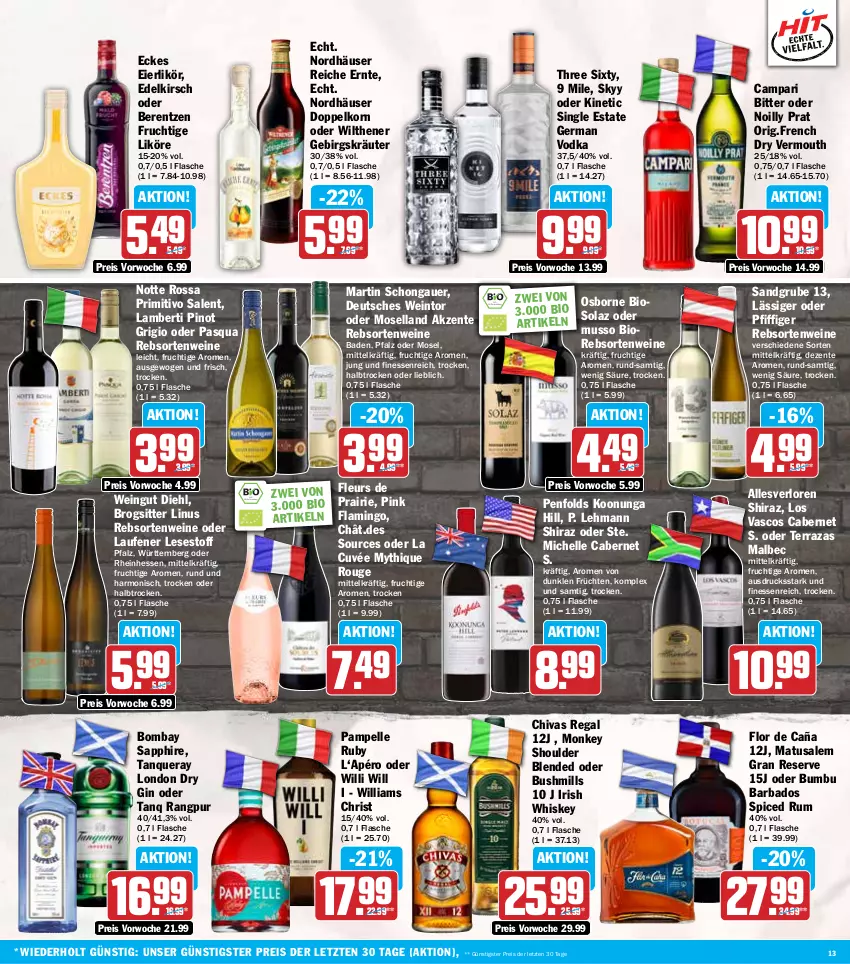 Aktueller Prospekt Hit - Wochenprospekt - von 16.06 bis 21.06.2025 - strona 13 - produkty: Amber, auer, Bad, berentzen, bio, bombay sapphire, Bumbu, cabernet, campari, cuvée, doppelkorn, dry gin, eier, eierlikör, eis, elle, ente, finesse, flasche, frucht, früchte, früchten, Germ, gin, irish whiskey, kirsch, korn, kräuter, Laufen, likör, london dry, london dry gin, Matusalem, moselland, olaz, osborne, Pinot, pinot grigio, primitivo, rebsortenweine, regal, reis, rouge, rum, sapphire, skyy, Tanqueray, Three Sixty, Ti, Vermouth, vodka, wein, weine, whiskey, wilthener, ZTE
