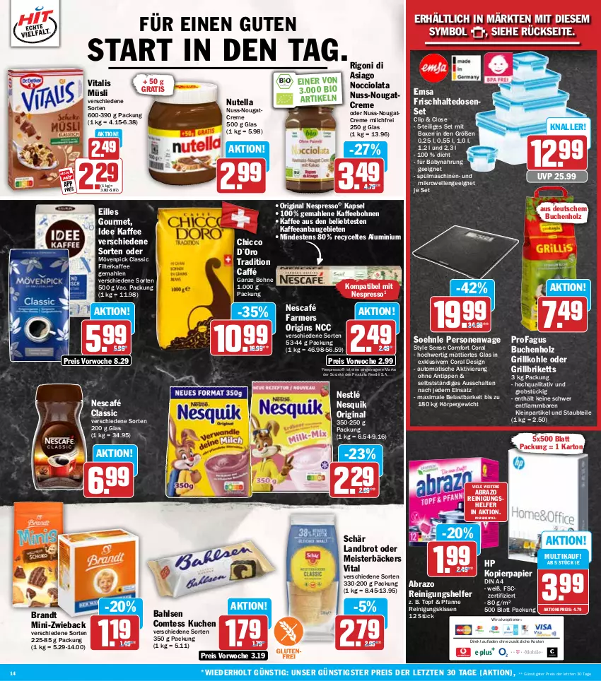 Aktueller Prospekt Hit - Wochenprospekt - von 16.06 bis 21.06.2025 - strona 14 - produkty: aktionspreis, auto, Babynahrung, bahlsen, Bau, bio, bohne, bohnen, brandt, briketts, brot, buch, comtess, comtess kuchen, Coral, creme, din a4, eilles gourmet, eis, elle, emsa, espresso, filterkaffee, frischhaltedosen, gin, grill, grillbriketts, Grillkohle, Holz, HP, kaffee, kaffeebohnen, kissen, kopierpapier, kuchen, lamm, Meister, mikrowelle, milch, mövenpick, müsli, Nescafé, nespresso, nesquik, nestlé, Nougatcreme, nuss, nutella, obst, papier, pfanne, profagus, Reinigung, reis, Schal, soehnle, spülmaschinen, Ti, Tiere, tisch, topf, vita, vitalis, vitalis müsli, ZTE