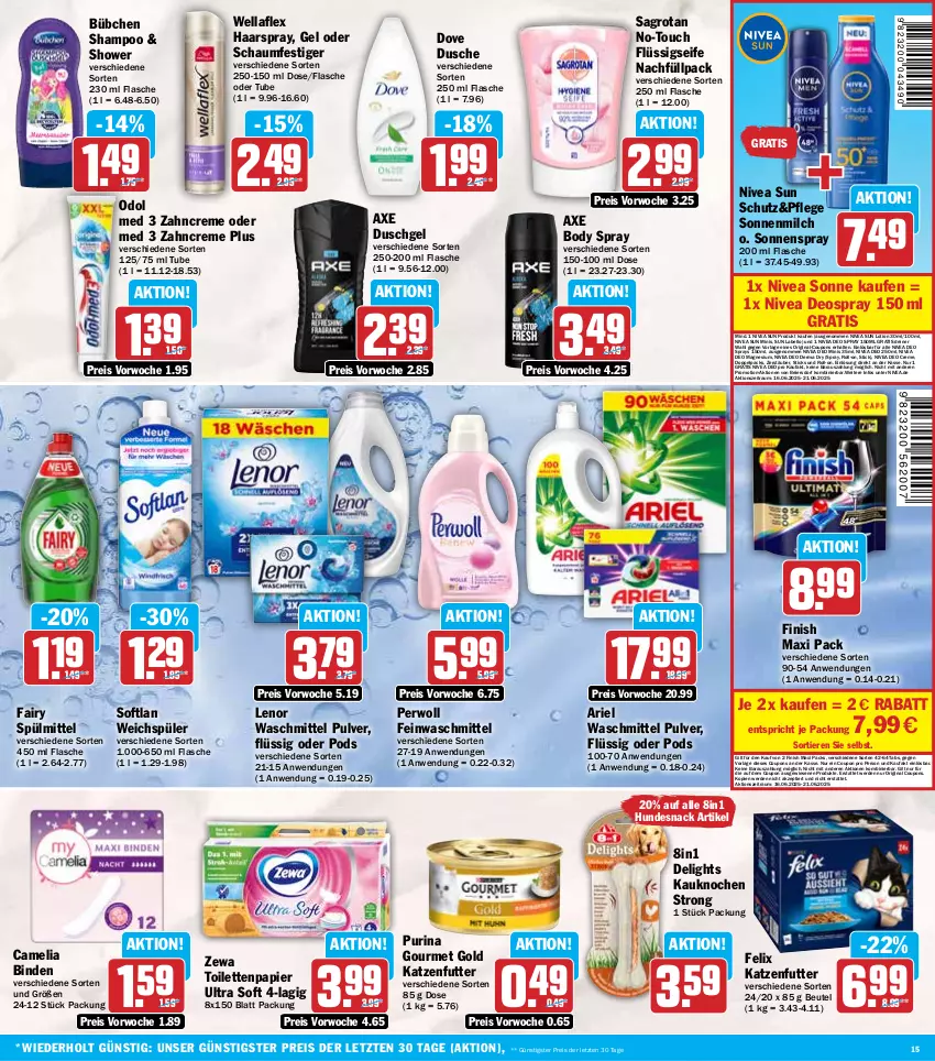 Aktueller Prospekt Hit - Wochenprospekt - von 16.06 bis 21.06.2025 - strona 15 - produkty: ariel, ariel waschmittel, axe, axe duschgel, beutel, binden, body, bübchen, camelia, coupon, coupons, creme, deo, deo spray, deospray, deospray 150 ml, dove, dusche, duschgel, eier, eis, erde, fairy, feinwaschmittel, felix, Finish, flasche, flüssigseife, gin, gourmet gold, haarspray, hundesnack, katzenfutter, Labello, lenor, lenor waschmittel, Lotion, magnesium, milch, nivea, nivea sun, oder schaumfestiger, Odol, odol med, papier, perwoll, Pods, purina, reis, roll-on, sagrotan, schaumfestiger, Seife, shampoo, snack, Softlan, sonnenmilch, sonnenspray, spülmittel, Sun Lotion, Ti, Tiere, toilettenpapier, waschmittel, weichspüler, Wella, wellaflex, zahncreme, zewa, ZTE