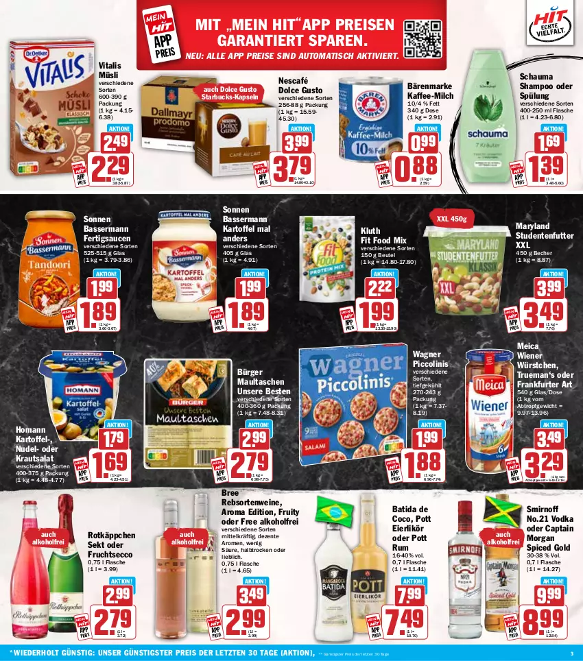 Aktueller Prospekt Hit - Wochenprospekt - von 16.06 bis 21.06.2025 - strona 3 - produkty: alkohol, auto, bärenmarke, batida, Becher, beutel, bree, Cap, dolce gusto, ecco, eier, eierlikör, eis, ente, flasche, frankfurter, frucht, fruchtsecco, homann, kaffee, kartoffel, Kraut, krautsalat, likör, maultaschen, meica, milch, müsli, Nescafé, nudel, piccolinis, rebsortenweine, reis, rotkäppchen, rum, salat, sauce, saucen, schauma, schauma shampoo, sekt, shampoo, shampoo oder spülung, smirnoff, spülung, starbucks, studentenfutter, Tasche, taschen, Ti, tisch, vita, vitalis, vitalis müsli, vodka, wagner, wein, weine, wiener, wiener würstchen, würstchen, ZTE