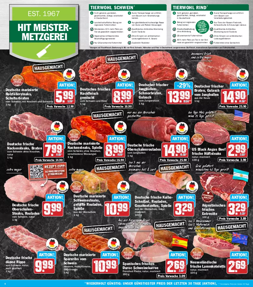 Aktueller Prospekt Hit - Wochenprospekt - von 16.06 bis 21.06.2025 - strona 4 - produkty: auer, Bau, Bauer, beef, bio, braten, eis, ente, entrecôte, fleisch, Geflügel, geschnetzeltes, gulasch, hackfleisch, hackfleisch gemischt, Holz, holzfällersteaks, hüftsteak, hüftsteaks, jungbullen, kalbsschnitzel, kotelett, lack, lamm, lammkotelett, mais, Meister, milch, monitor, Nackensteak, nackensteaks, natur, Nestea, Oberschalenrouladen, orange, pute, reis, Ria, rind, ring, rouladen, Schal, Schale, schmorbraten, schnitten, schnitzel, schwein, schwein und rind, schweine, spareribs, Spezi, Sport, steak, steaks, Ti, Tiere, tisch, vom schwein und rind, wein, weine, Weste, Zelt, ZTE