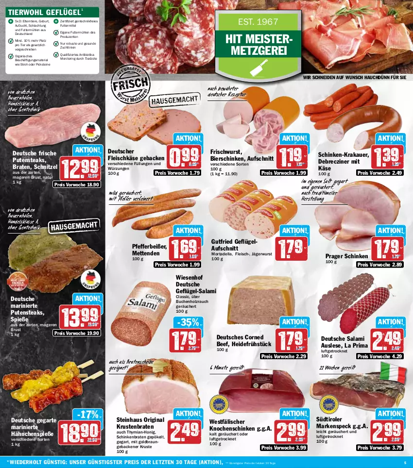 Aktueller Prospekt Hit - Wochenprospekt - von 16.06 bis 21.06.2025 - strona 5 - produkty: auer, aufschnitt, Bau, Bauer, beef, bier, bierschinken, bio, braten, braun, buch, corned beef, debrecziner, dell, eis, elle, ente, fleisch, fleischkäse, geback, Geflügel, gin, gutfried, heidefrühstück, Holz, honig, Käse, krakauer, krustenbraten, Meister, Mett, metten, Mettenden, monitor, mortadella, natur, pfeffer, Pfefferbeißer, pute, putensteaks, Rauch, reis, rezept, Ria, ring, saft, salami, schinken, schinkenbraten, schnitzel, Speck, steak, steaks, steinhaus, südtiroler, Ti, Tiere, wiesenhof, wurst, ZTE