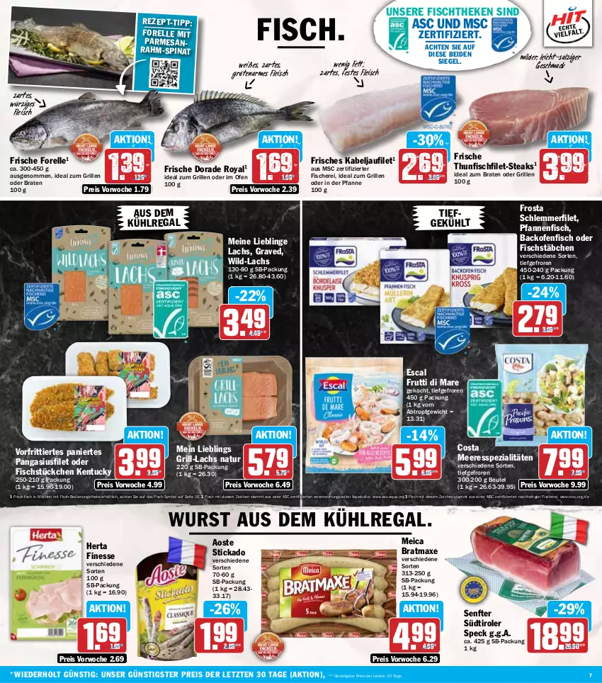 Aktueller Prospekt Hit - Wochenprospekt - von 16.06 bis 21.06.2025 - strona 7 - produkty: aoste stickado, aqua, aus dem kühlregal, axe, backofen, beutel, braten, bratmaxe, Dorade, dorade royal, eis, elle, escal, filet, finesse, fisch, fische, Fischer, fischstäbchen, fischtheke, fleisch, forelle, frischfisch, frosta, frutti di mare, grill, grill-lachs, herta, herta finesse, ideal zum braten, ideal zum grillen, kabeljaufilet, kühlregal, lachs, mac, meica, natur, Ofen, Pangasius, pfanne, pfannen, rahm-spinat, regal, reis, rel, salz, Schere, schlemmerfilet, senf, Speck, Spezi, spinat, steak, steaks, stickado, südtiroler, thunfisch, Ti, tuc, Wild, wurst, ZTE