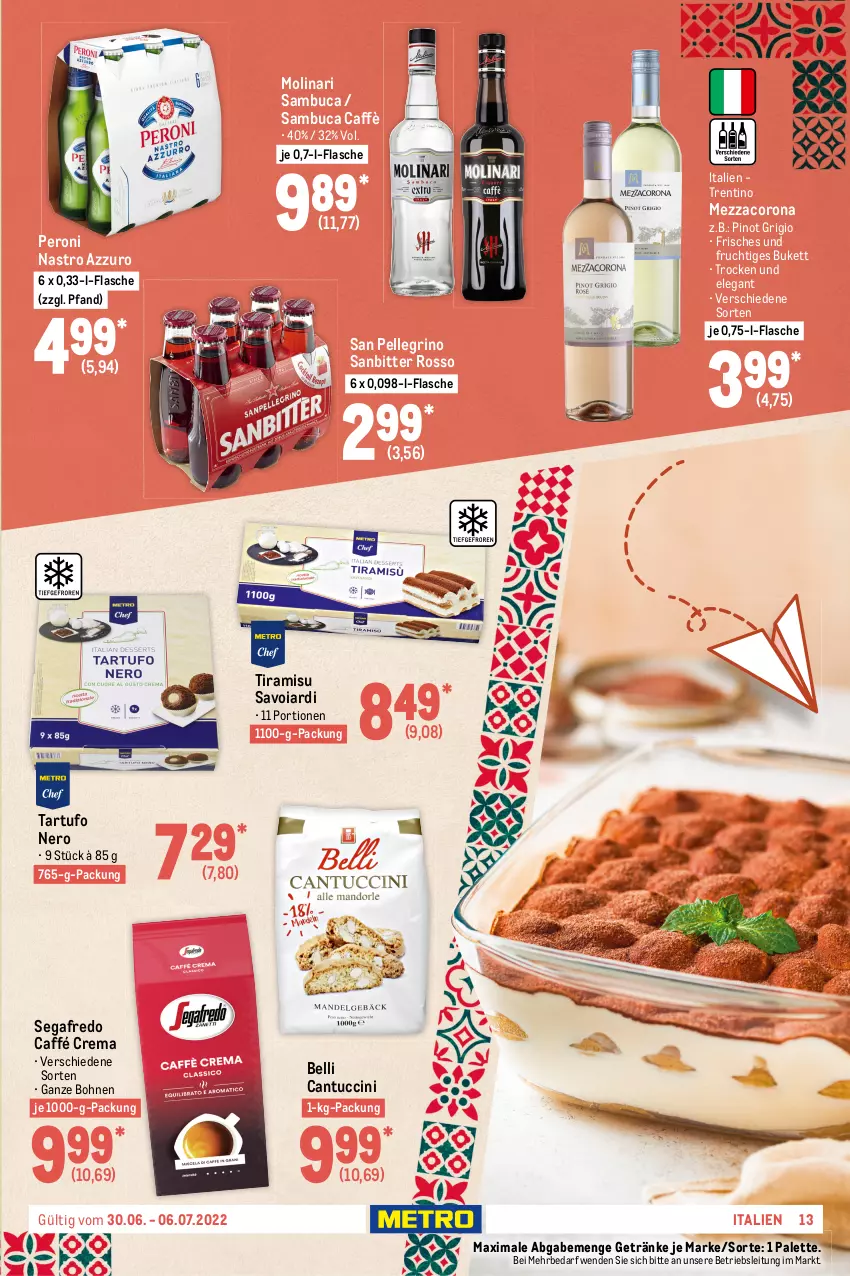 Aktueller Prospekt Metro - Food - von 30.06 bis 06.07.2022 - strona 13 - produkty: beutel, bohne, bohnen, cantuccini, cin, cocktail, corona, elle, flasche, frucht, getränk, getränke, hartkäse, italienische pasta, italienischer hartkäse, Käse, kräuter, küche, Küchen, mac, mezzacorona, milch, Molinari, nero, Palette, pasta, Pecorino, Peroni, pesto, Pinot, pinot grigio, prosciutto, Prosciutto di Parma, rispentomaten, salsiccia, sambuca, san pellegrino, Segafredo, Tagliolini, Tartufo, Ti, tiramisu, tisch, tomate, tomaten, tuc