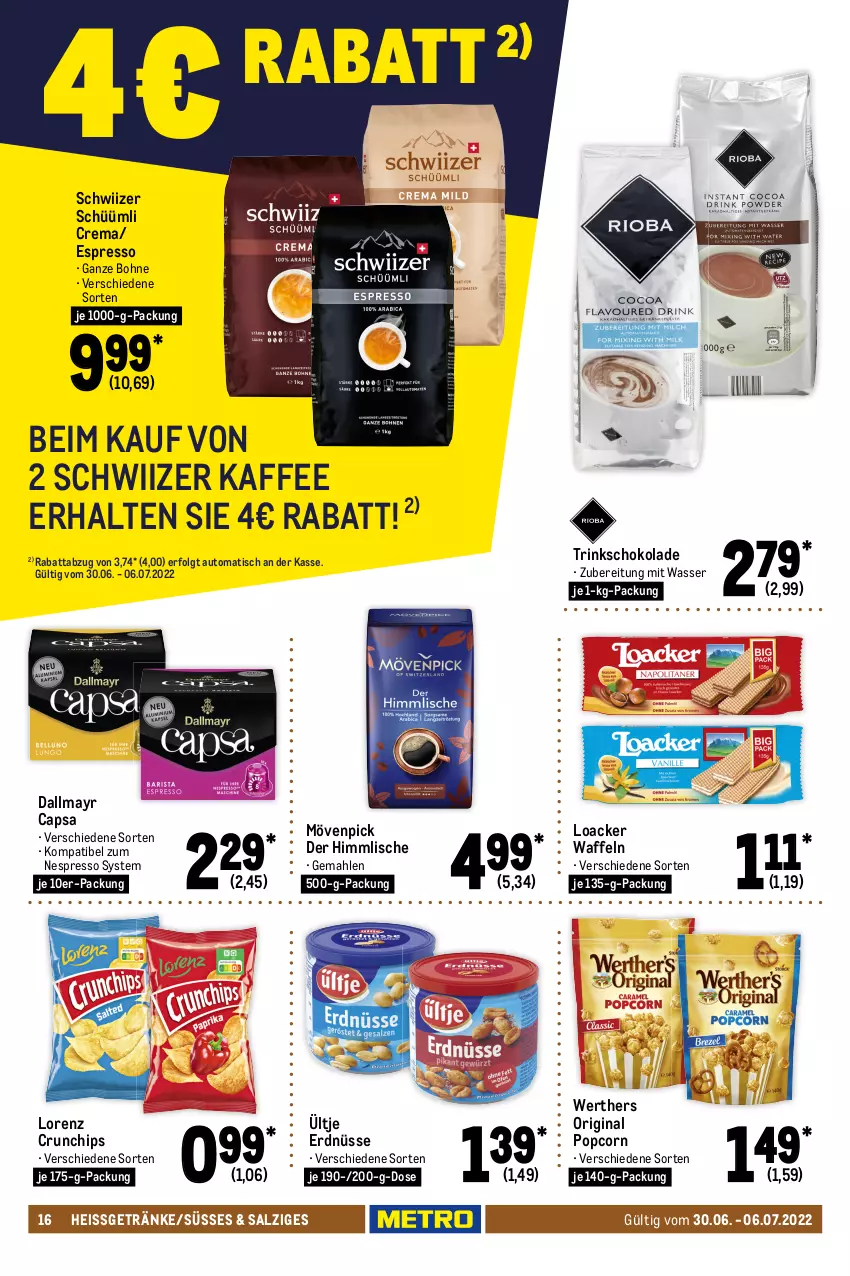 Aktueller Prospekt Metro - Food - von 30.06 bis 06.07.2022 - strona 16 - produkty: ananas, auto, bohne, bourbon, burgunder, Cap, chardonnay, chips, crunchips, cuvée, dallmayr, dallmayr capsa, eis, erdnüsse, espresso, flasche, früchte, früchten, getränk, getränke, gin, Gorbatschow, grand sud, grauburgunder, jim beam, kaffee, LG, likör, lorenz, lorenz crunchips, mövenpick, mumm, nespresso, orange, orangen, Palette, perla, perlen, pfirsich, popcorn, Rivaner, salz, schoko, schokolade, schwein, sekt, spirituosen, Ti, tisch, top-hit, ültje, ültje erdnüsse, waffeln, wasser, wein, Weißwein, whisky, wodka