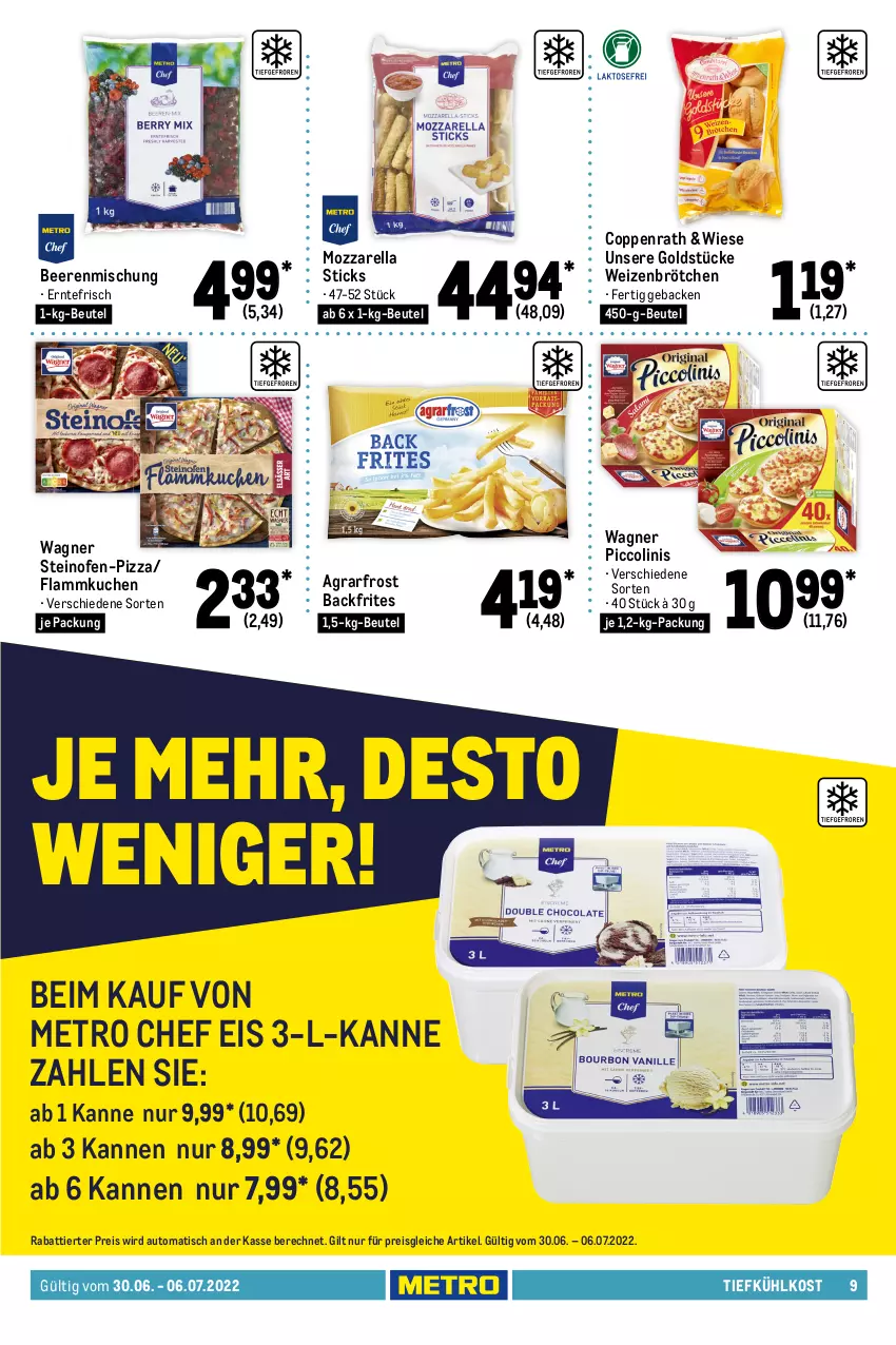 Aktueller Prospekt Metro - Food - von 30.06 bis 06.07.2022 - strona 9 - produkty: agrarfrost, angebot, angebote, auto, beere, beeren, beutel, bio, brötchen, bunte salate, coppenrath, decke, eis, flammkuchen, fleisch, geback, Goldstücke, kuchen, lamm, limette, limetten, Metro, Mett, metten, mozzarella, Nektar, nektarinen, obst, Ofen, paprika, paprika rot, pfirsich, pfirsiche, Physalis, piccolinis, pizza, reis, rel, salat, salate, Schal, Schale, steinofen, Ti, tiefkühlkost, tisch, und gemüse, wagner, weizenbrötchen