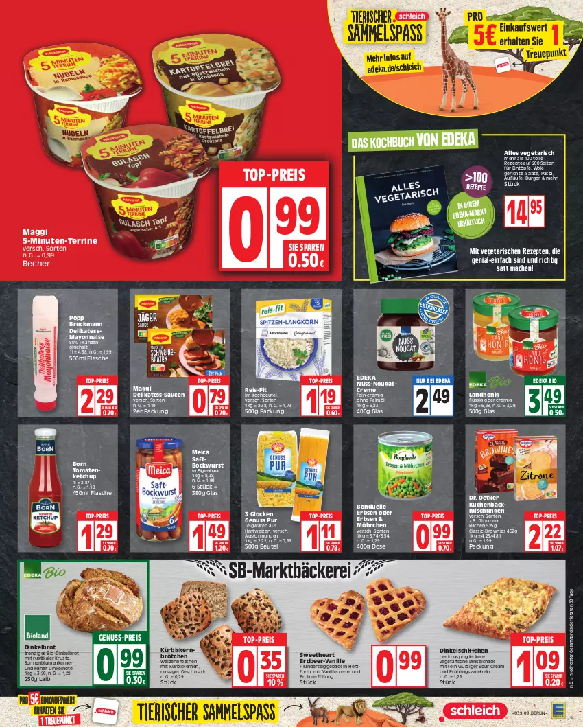 Aktueller Prospekt Edeka - Angebote der Woche - von 25.09 bis 30.09.2023 - strona 9 - produkty: Becher, beutel, bio, blume, blumen, bockwurst, bonduelle, brot, brötchen, brownie, brownies, buch, burger, creme, deka, Dinkelbrot, Dr. Oetker, edeka bio, eintöpfe, eis, elle, erbsen, flasche, hartweizen, honig, ketchup, kochbeutel, kuchen, Kürbis, kürbiskerne, mac, maggi, mayonnaise, meica, Nougatcreme, nuss, ohne palmöl, pasta, pflanze, pflanzen, Pflanzenöl, Plunder, Popp, reis, reis-fit, rezept, rezepte, saft, salat, salate, sauce, saucen, Schiffchen, Schleich, snack, sonnenblume, sonnenblumen, Sonnenblumenkerne, sonnenblumenkernen, sour cream, teigwaren, terrine, Thea, Ti, tomate, tomaten, top-preis, vanille, Vegeta, weizenbrötchen, wok, wurst, Yo, zitrone, zitronen, ZTE, zwiebel, zwiebeln