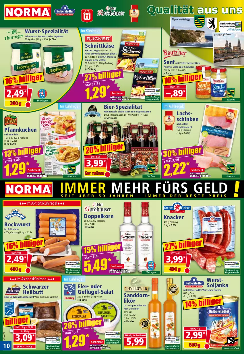 Aktueller Prospekt Norma - Norma - von 29.08 bis 05.09.2022 - strona 10 - produkty: Becher, bier, bockwurst, buch, burger, doppelkorn, eier, eis, flasche, Geflügel, gewürz, gin, Holz, jagdwurst, Käse, knacker, korn, Kreide, kuchen, kühlregal, lachs, lachsschinken, leberwurst, likör, lorenz, meerrettich, Pfannkuchen, pfeffer, regal, reis, Rettich, rezept, Rotwurst, rum, salat, sanddorn, schinken, schnittkäse, senf, Spezi, Ti, urtyp, wurst, würstchen