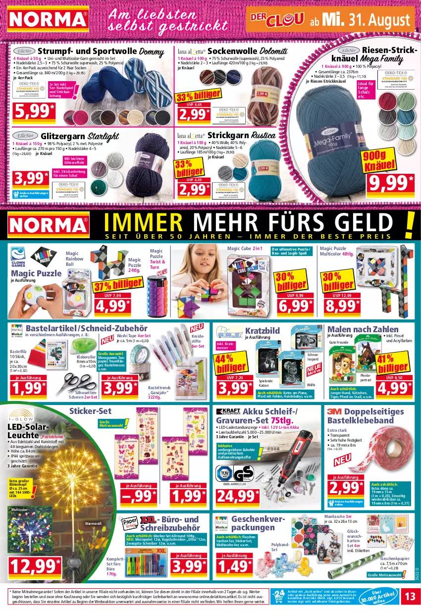 Aktueller Prospekt Norma - Norma - von 29.08 bis 05.09.2022 - strona 13 - produkty: akku, aufbewahrungskoffer, ball, Bau, Beba, Bebe, blume, Blüte, Draht, edelstahl, eis, elle, erde, flasche, Geschenkpapier, gin, Kätzchen, Kette, kleber, koffer, Kreide, Kugel, kugelschreiber, led-solarleuchte, leds, Leuchte, LG, messer, ndk, papier, Pinsel, Puzzle, reis, Roller, rum, Schal, Schere, socken, solarleuchte, Spiele, Sport, starlight, stifte, Strickgarn, Tasche, taschen, Ti, tisch, wasser, wolle