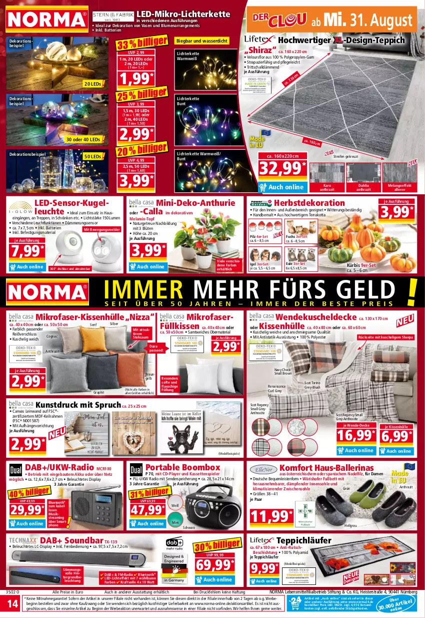 Aktueller Prospekt Norma - Norma - von 29.08 bis 05.09.2022 - strona 14 - produkty: akku, ball, Ballerinas, batterie, batterien, Bau, Bebe, beleuchtung, bett, blume, blumen, Blüte, braun, Cognac, decke, dekoration, dell, eis, Elan, elle, enders, fernbedienung, gin, Kette, kissen, kissenhülle, kraft, Kugel, Kürbis, kuscheldecke, Läufer, lebensmittel, led-licht, leds, Leuchte, LG, lichterkette, mikrofaser, mint, Mode, natur, ndk, Radio, reifen, reis, Ria, Schal, senf, smartphone, soundbar, Spiele, teppich, Ti, topf, Vase, wasser