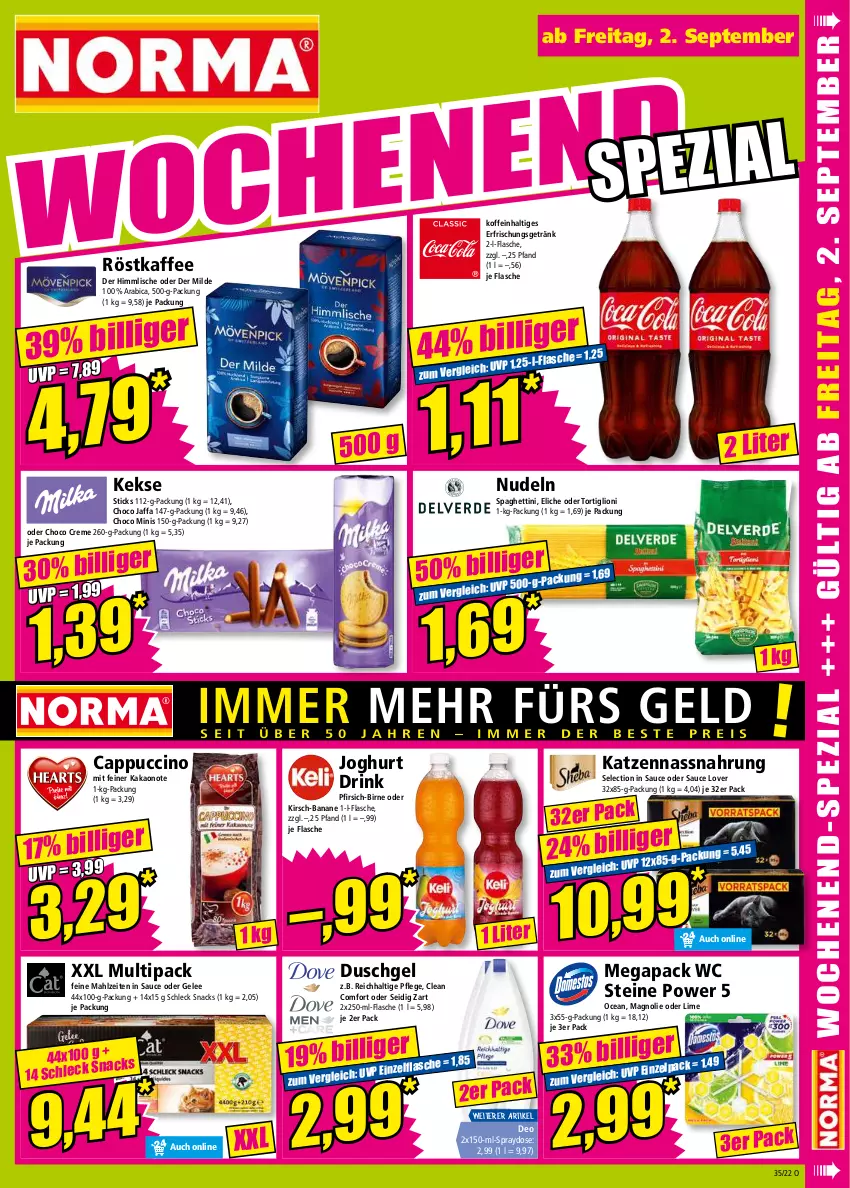 Aktueller Prospekt Norma - Norma - von 29.08 bis 05.09.2022 - strona 15 - produkty: banane, Cap, cappuccino, cin, creme, deo, drink, duschgel, erfrischungsgetränk, flasche, gelee, getränk, joghur, joghurt, kaffee, kakao, keks, kekse, kirsch, lion, Nassnahrung, nudel, nudeln, pfirsich, röstkaffee, sauce, snack, snacks, spaghetti, Ti