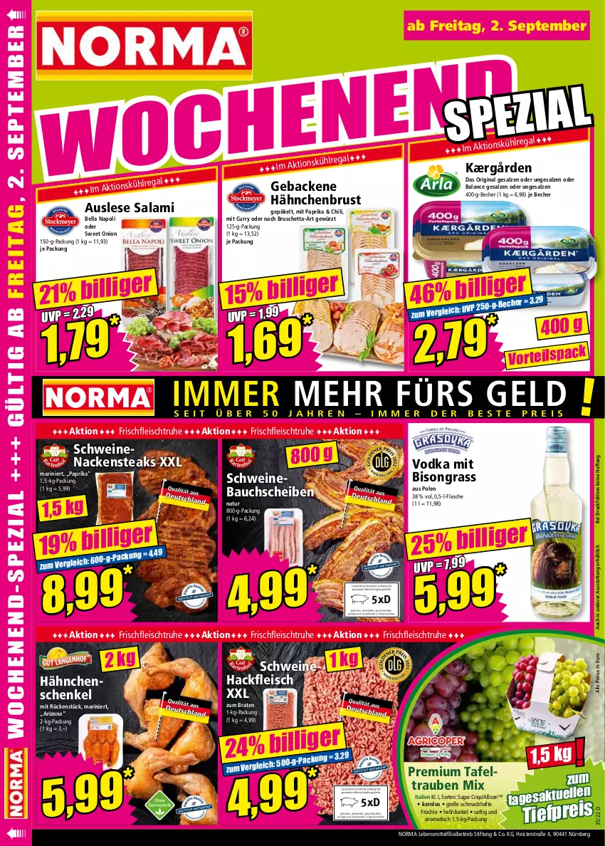 Aktueller Prospekt Norma - Norma - von 29.08 bis 05.09.2022 - strona 16 - produkty: Bau, bauchscheiben, Becher, braten, chili, curry, eis, flasche, fleisch, früchte, geback, gewürz, gin, hackfleisch, hähnchenbrust, hähnchenschenkel, henkel, Kærgården, lebensmittel, mac, mit paprika, Nackensteak, nackensteaks, natur, paprika, regal, reis, saft, salami, salz, schenkel, schwein, schweine, Schweinebauch, schweinebauchscheiben, Schweinehackfleisch, schweinenacken, steak, steaks, tafeltrauben, Ti, tiefpreis, tisch, trauben, vodka, wein, weine