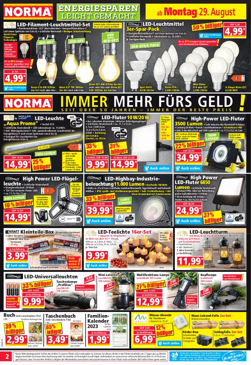 Aktueller Prospekt Norma - Norma - von 29.08 bis 05.09.2022 - strona 2 - produkty: akku, aqua, auer, Bank, batterie, batterien, Bau, Bebe, beleuchtung, buch, bügel, deka, eis, elle, fernbedienung, Garten, gin, kerze, kraft, lack, Lacke, ladekabel, Lampe, laterne, LED-Fluter, LED-Kerze, LED-Leuchte, leds, Leuchte, leuchten, leuchtmittel, LG, mac, Maus, ndk, powerbank, Rauch, reis, Ria, rum, rwe, schlauch, Spektrum, steckdose, Tasche, taschen, Taschenbuch, taschenlampe, tee, Teelicht, teelichte, Ti, timer, tisch, usb, wasser