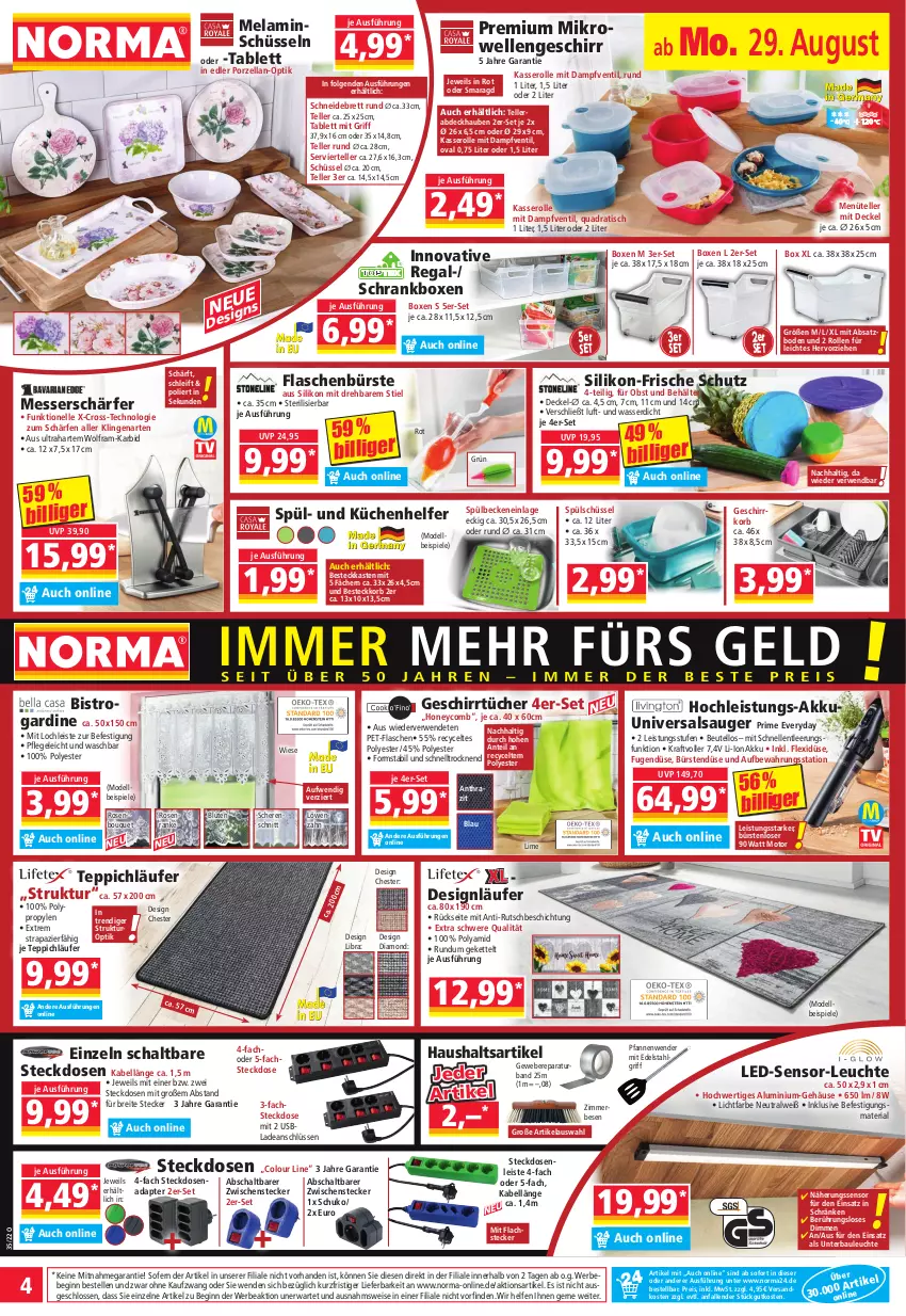 Aktueller Prospekt Norma - Norma - von 29.08 bis 05.09.2022 - strona 4 - produkty: abdeckhaube, adapter, akku, Bau, Bebe, Behälter, besteck, beutel, Blüte, Brei, bürste, bürsten, decke, Deckel, dell, edelstahl, eis, elle, flasche, geschirr, geschirrtücher, gin, Kette, korb, kraft, küche, Küchen, Küchenhelfer, lachs, Läufer, Leuchte, LG, messer, mikrowelle, Mode, ndk, obst, pet-flasche, pet-flaschen, pfanne, pfannen, Pfannenwender, quad, regal, reis, Ria, rosen, rwe, Salsa, Schal, Schere, schneidebrett, Schrank, schüssel, Spiele, Spülbeckeneinlage, steckdose, Steckdosenadapter, Steckdosenleiste, tablet, tablett, teller, teppich, Ti, tisch, tücher, usb, wasser, weber