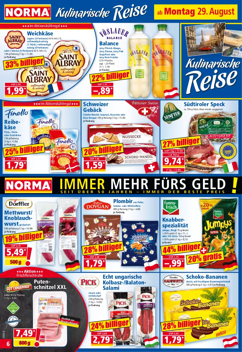 Aktueller Prospekt Norma - Norma - von 29.08 bis 05.09.2022 - strona 6 - produkty: Balaton, banane, bananen, beutel, eis, flasche, fleisch, Frit-Sticks, frucht, früchte, grapefruit, Käse, knoblauch, kühlregal, mac, mandel, mango, Mett, mettwurst, milch, mit frucht, natur, nuss, pasta, pfirsich, pizza, pute, putenschnitzel, regal, Reibekäse, reis, ring, salami, schnitzel, schoko, Speck, Spezi, südtiroler, Ti, weichkäse, wurst, zitrone