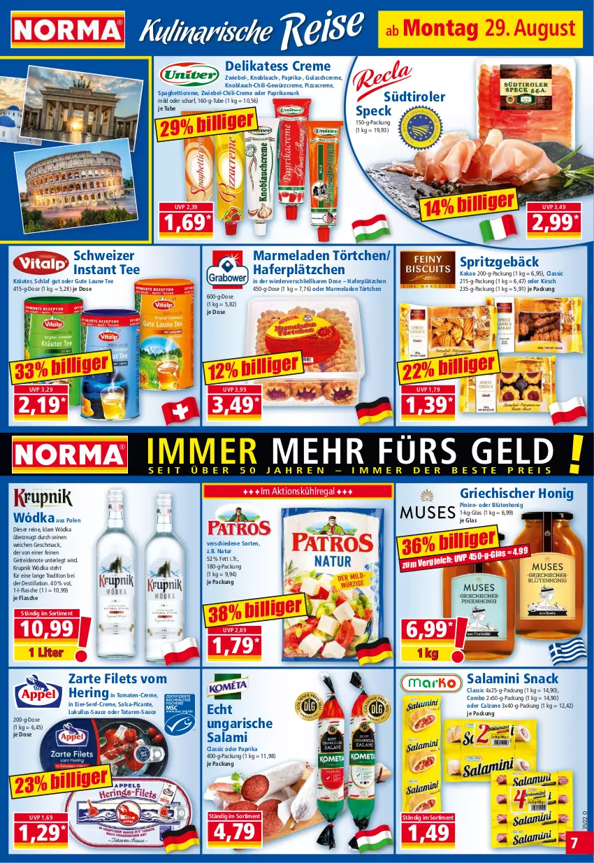 Aktueller Prospekt Norma - Norma - von 29.08 bis 05.09.2022 - strona 7 - produkty: Blüte, blütenhonig, chili, creme, eier, filet, filets, flasche, gewürz, Gewürzcreme, gulasch, Gulaschcreme, hafer, hering, honig, kakao, kirsch, knoblauch, kräuter, kühlregal, Lätzche, lukull, mac, marmelade, natur, paprika, pizza, regal, ring, salami, Salsa, sauce, senf, snack, spaghetti, Speck, Spritzgebäck, südtiroler, tee, Ti, tomate, tomaten, Törtchen, Ungarische Salami, zwiebel