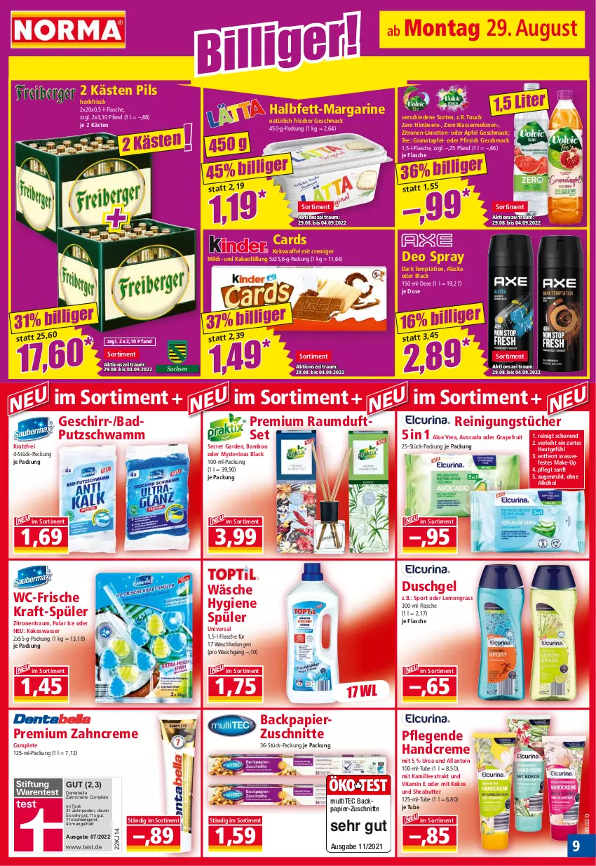 Aktueller Prospekt Norma - Norma - von 29.08 bis 05.09.2022 - strona 9 - produkty: alkohol, aloe vera, apfel, avocado, Bad, bamboo, beere, butter, creme, deo, deo spray, duschgel, flasche, geschirr, grana, granatapfel, grapefruit, handcreme, himbeer, himbeere, kakao, Kamill, kamille, keks, kokos, Kokoswasser, kraft, lack, limette, limetten, mac, Make-up, margarine, melone, melonen, Mett, metten, milch, ohne alkohol, papier, pfirsich, pils, Rana, Raumduft, Reinigung, reinigungstücher, schwamm, Sheabutter, Sport, tee, Ti, tücher, vita, wasser, wassermelone, wassermelonen, zahncreme, zitrone, zitronen