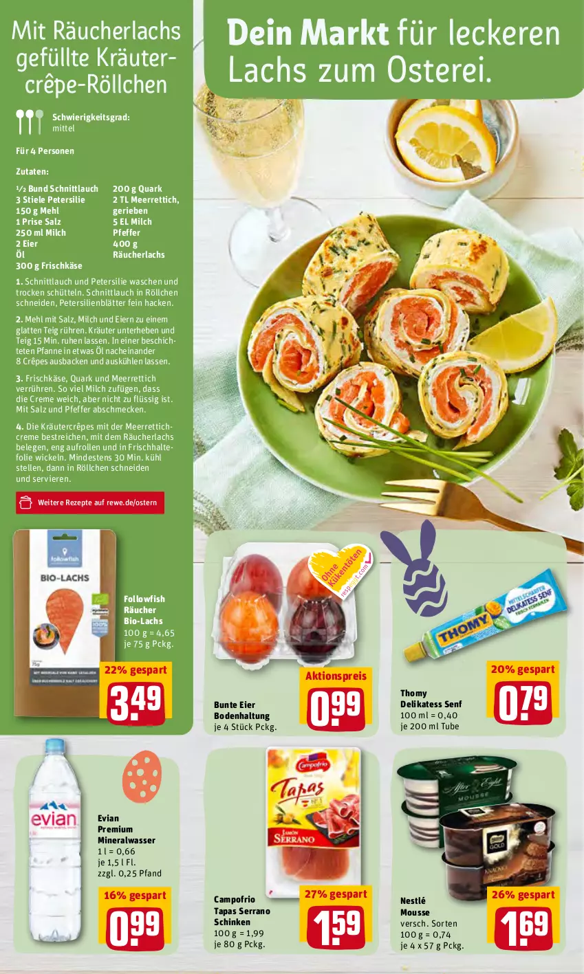 Aktueller Prospekt Rewe - Prospekte - von 28.03 bis 03.04.2022 - strona 12 - produkty: aktionspreis, Alwa, bio, campofrio, creme, delikatess senf, eier, eis, elle, followfish, frischhaltefolie, frischkäse, Käse, Käse, Quark, kräuter, lachs, latte, meerrettich, mehl, milch, mineralwasser, mousse, nestlé, petersilie, pfanne, pfeffer, quark, Räucherlachs, reis, Rettich, rezept, rezepte, salz, schinken, schnittlauch, senf, serrano, serrano schinken, Tapas, thomy, Ti, usb, wasser, WICK