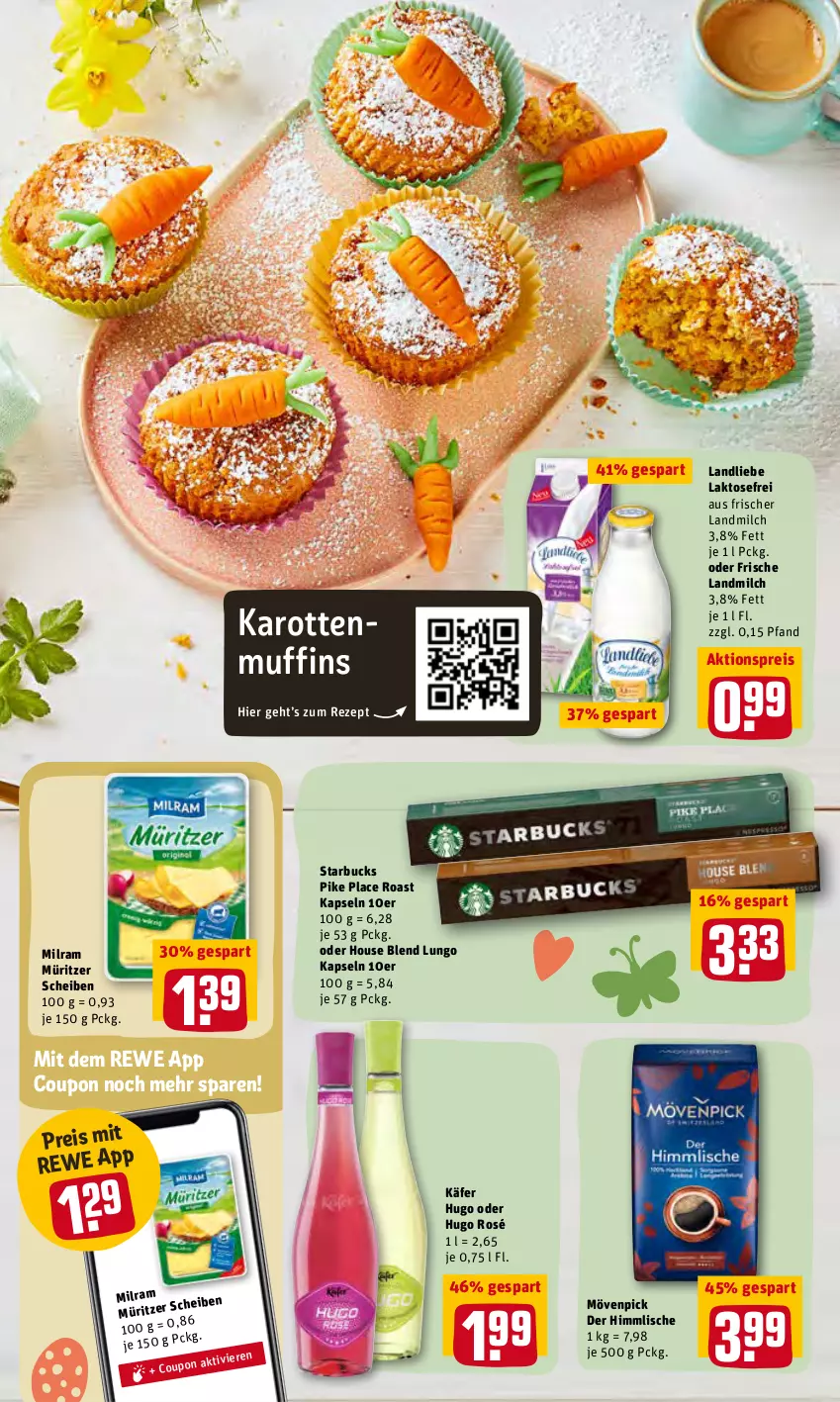 Aktueller Prospekt Rewe - Prospekte - von 28.03 bis 03.04.2022 - strona 13 - produkty: aktionspreis, coupon, eis, hugo, käfer, karotten, landliebe, landmilch, lungo, milch, milram, mövenpick, Muffin, muffins, reis, rezept, starbucks, Ti