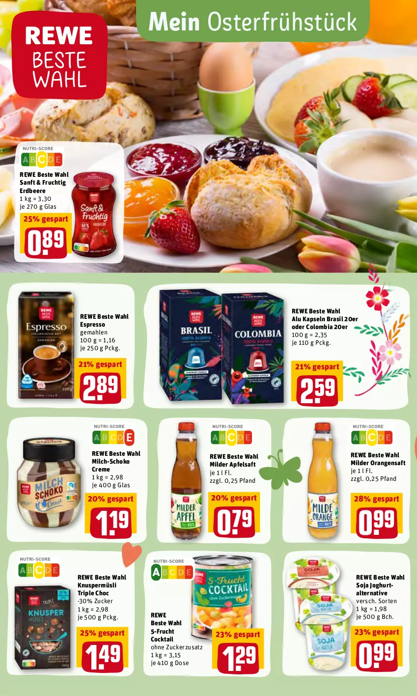 Aktueller Prospekt Rewe - Prospekte - von 28.03 bis 03.04.2022 - strona 14 - produkty: apfel, apfelsaft, beere, cocktail, creme, erdbeere, espresso, frucht, joghur, joghurt, Knuspermüsli, milch, müsli, orange, orangen, orangensaft, rewe beste wahl, saft, schoko, soja, Ti, zucker