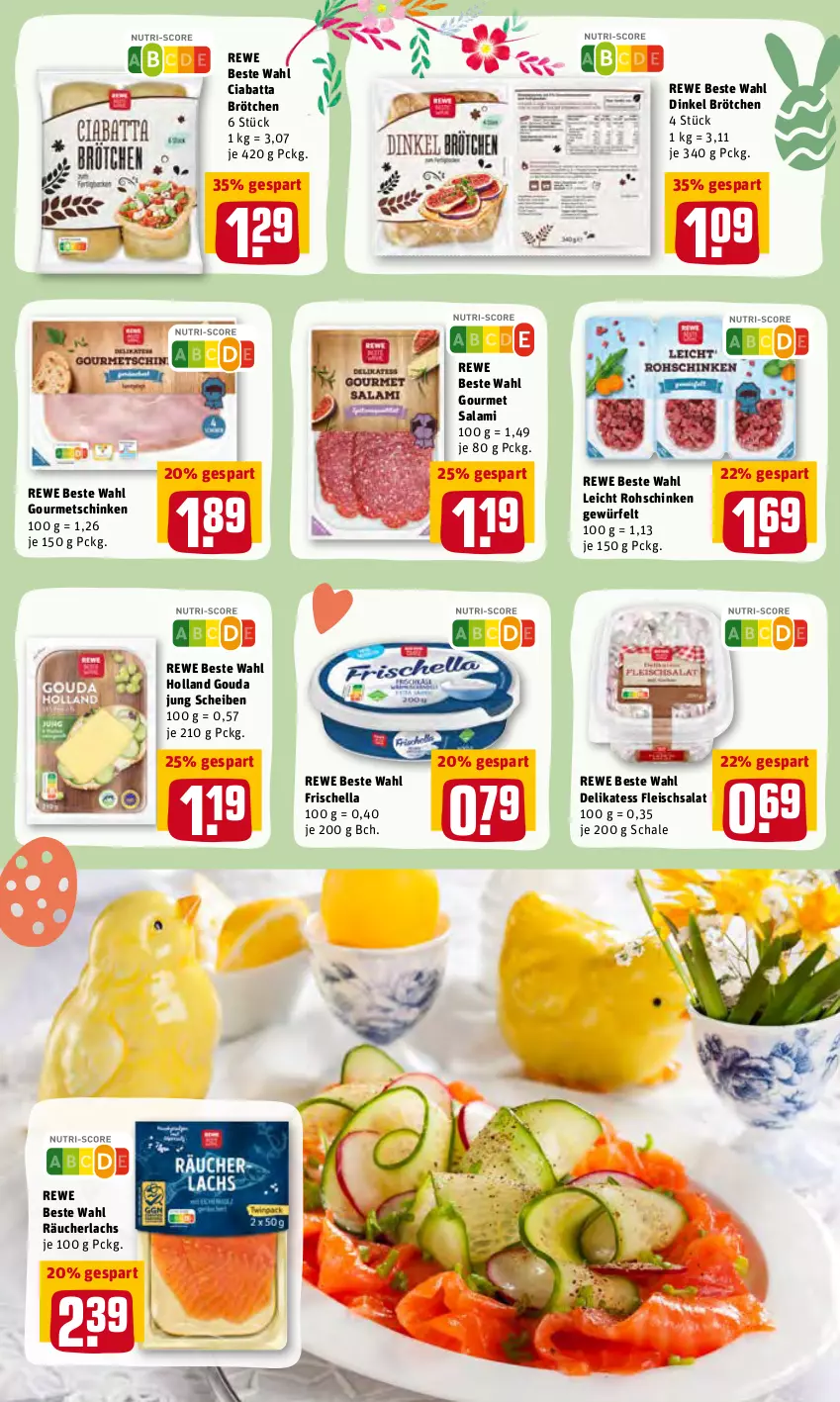 Aktueller Prospekt Rewe - Prospekte - von 28.03 bis 03.04.2022 - strona 15 - produkty: brötchen, ciabatta, eis, fleisch, fleischsalat, gouda, gouda jung, hella, lachs, Räucherlachs, rewe beste wahl, rohschinken, salami, salat, Schal, Schale, schinken, würfel