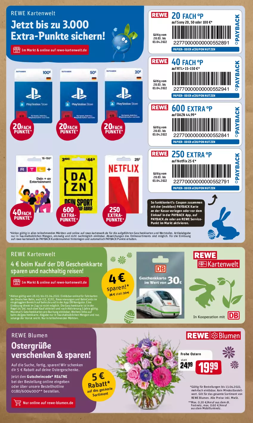 Aktueller Prospekt Rewe - Prospekte - von 28.03 bis 03.04.2022 - strona 17 - produkty: auto, blume, blumen, buch, coupon, eis, elle, gutschein, netflix, papier, payback, reis, sony, Ti, tisch