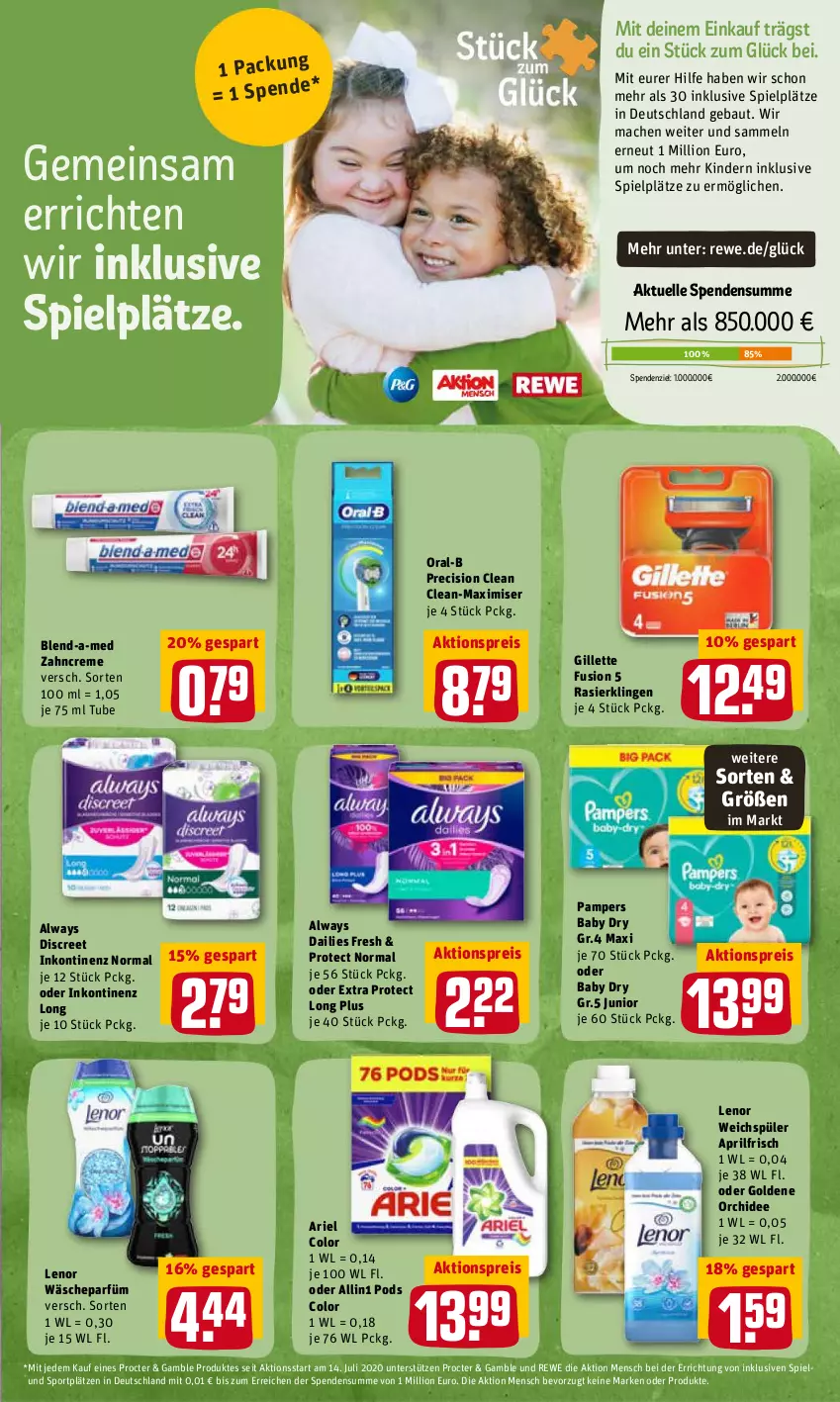 Aktueller Prospekt Rewe - Prospekte - von 28.03 bis 03.04.2022 - strona 19 - produkty: aktionspreis, Alwa, Always, ariel, Bau, blend-a-med, creme, dailies, Discreet, eis, elle, gillette, Kinder, lenor, lenor weichspüler, lion, mac, oral-b, orchidee, pampers, pampers baby dry, Pods, precision clean, pril, Rasierklinge, rasierklingen, reis, Sport, Ti, wäscheparfüm, weichspüler, zahncreme