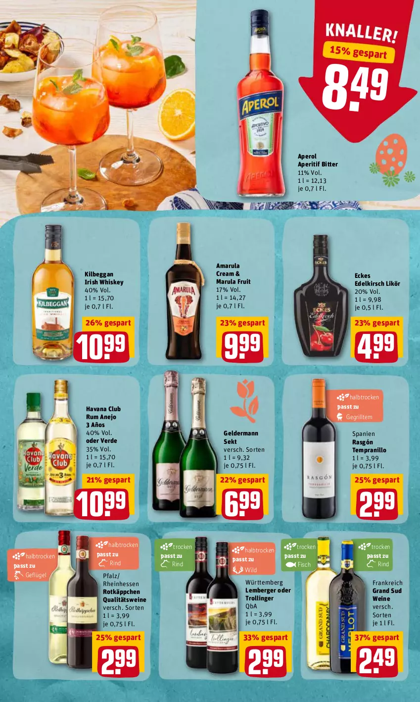 Aktueller Prospekt Rewe - Prospekte - von 28.03 bis 03.04.2022 - strona 20 - produkty: amarula, aperitif, aperol, Berger, erde, fisch, Geflügel, geldermann, grand sud, grill, Havana Club, irish whiskey, kilbeggan, kirsch, likör, qualitätswein, qualitätsweine, rind, rotkäppchen, rum, sekt, tempranillo, Ti, trolli, trollinger, wein, weine, whiskey, Wild