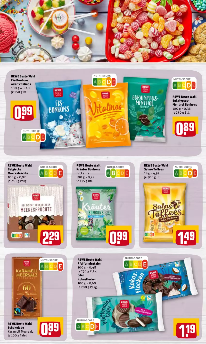 Aktueller Prospekt Rewe - Prospekte - von 28.03 bis 03.04.2022 - strona 24 - produkty: bonbons, eis, früchte, karamell, kokos, kräuter, LG, meeresfrüchte, meersalz, pfeffer, rewe beste wahl, sahne, salz, schoko, schokolade, vita, zucker