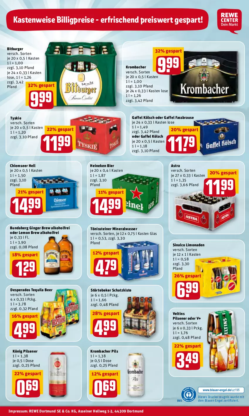 Aktueller Prospekt Rewe - Prospekte - von 28.03 bis 03.04.2022 - strona 32 - produkty: alkohol, Alwa, Astra, bier, bitburger, brause, Bundaberg, burger, desperados, drucker, eis, Engel, fassbrause, gin, ginger, heineken, kerze, könig pilsener, krombache, krombacher, krombacher pils, limo, limonade, limonaden, mineralwasser, pils, pilsener, reis, sinalco, steiner, störtebeker, tequila, Ti, tyskie, veltins, veltins pilsener, wasser