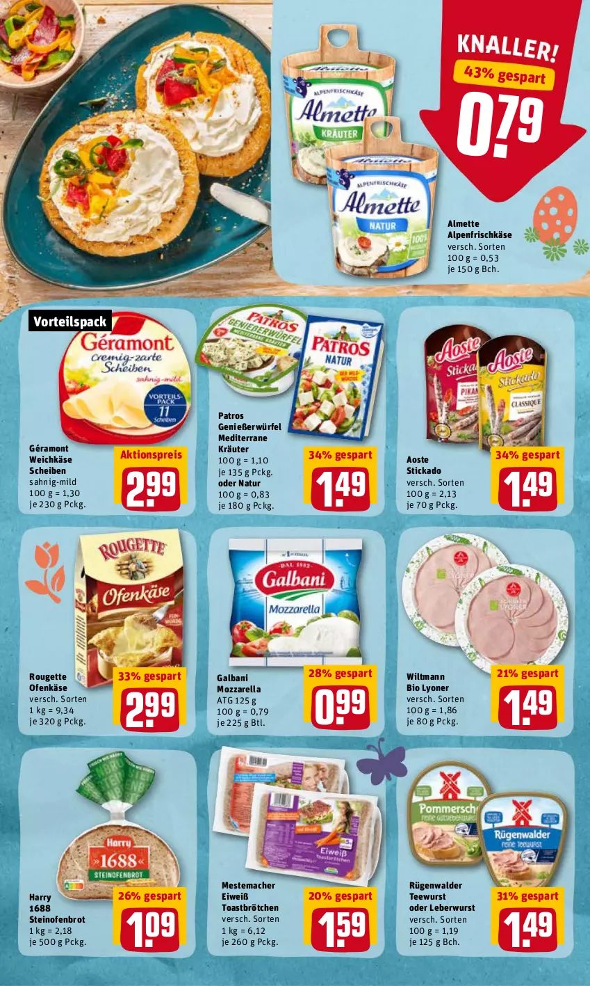 Aktueller Prospekt Rewe - Prospekte - von 28.03 bis 03.04.2022 - strona 8 - produkty: aktionspreis, almette, alpenfrischkäse, aoste stickado, bio, brot, brötchen, eis, frischkäse, galbani, géramont, Käse, kräuter, leberwurst, lyoner, mac, mestemacher, Mett, mozzarella, natur, Ofen, Ofenkäse, patros, reis, rel, rouge, rougette, rügenwalder, steinofen, stickado, tee, teewurst, Ti, toast, weichkäse, wiltmann, würfel, wurst, Yo