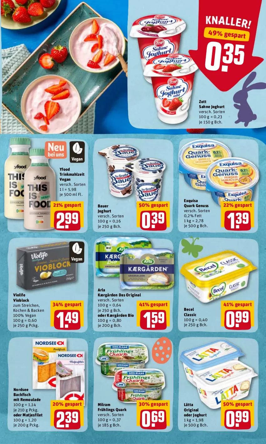 Aktueller Prospekt Rewe - Prospekte - von 28.03 bis 03.04.2022 - strona 9 - produkty: arla, auer, backfisch, Bau, Bauer, becel, bio, exquisa, filet, fisch, gin, joghur, joghurt, Kærgården, lätta, matjes, Matjesfilet, milram, Nordsee, nuss, quark, quark genus, quark genuss, remoulade, sahne, sahne joghurt, zott