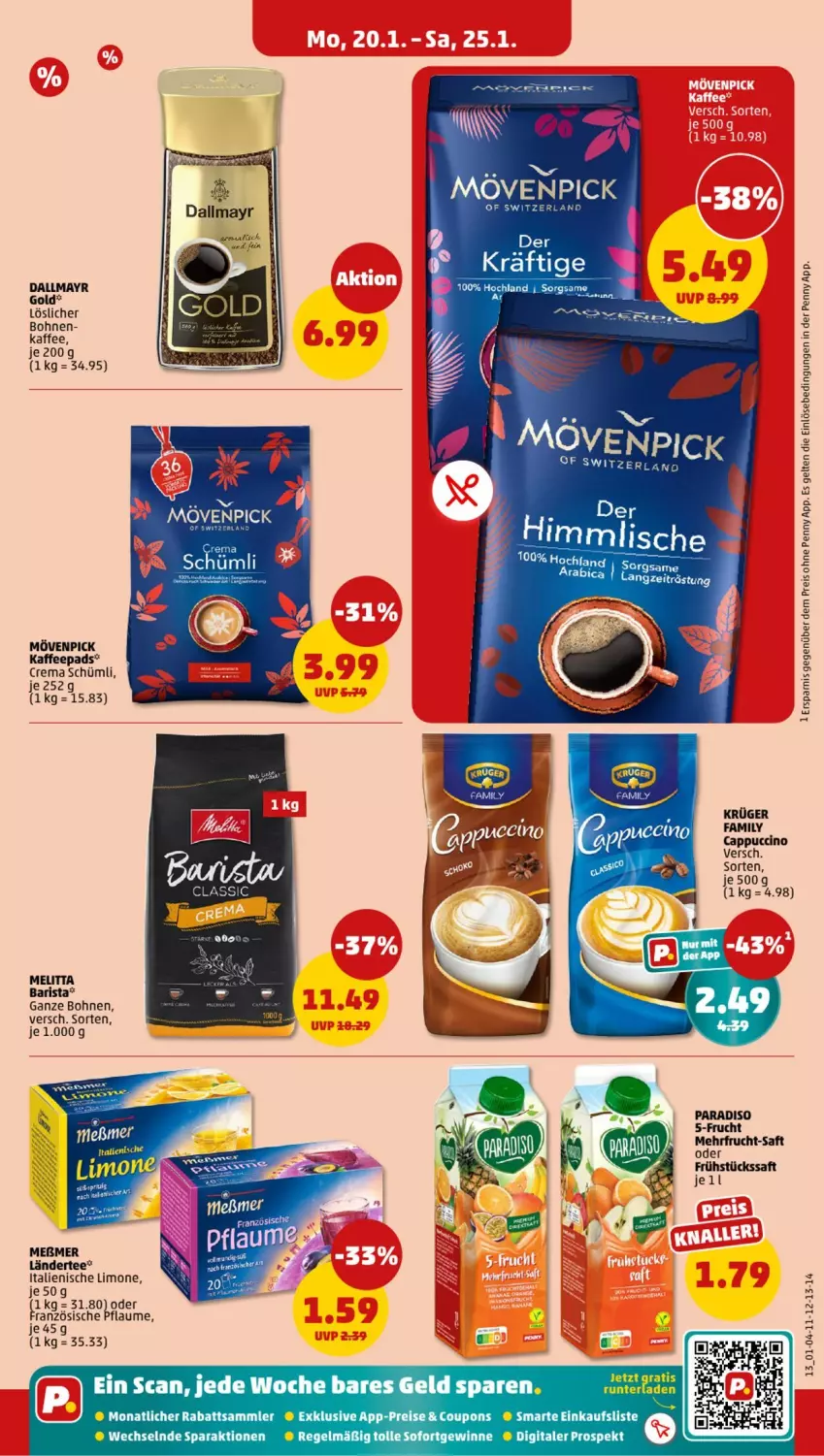 Aktueller Prospekt Penny - Prospekte - von 20.01 bis 25.01.2025 - strona 13 - produkty: bohne, bohnen, Cap, cappuccino, cin, coupon, coupons, dallmayr, dallmayr gold, eis, frucht, hochland, kaffee, kaffeepads, krüger, Ländertee, limo, melitta, Meßmer, mövenpick, mövenpick kaffee, pflaume, reis, saft, tee, Ti