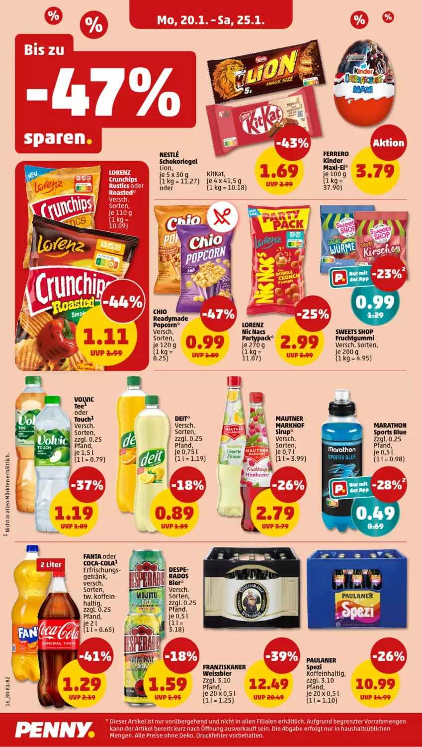 Aktueller Prospekt Penny - Prospekte - von 20.01 bis 25.01.2025 - strona 16 - produkty: beere, bier, coca-cola, cola, deit, eis, fanta, fanta oder, ferrero, franziskaner, frucht, fruchtgummi, getränk, himbeer, himbeere, Kinder, Kinder Maxi, kitkat, lion, Mautner, Mett, Paula, paulaner, riegel, schoko, schokoriegel, sirup, Spezi, Sport, tee, Ti, volvic, weissbier