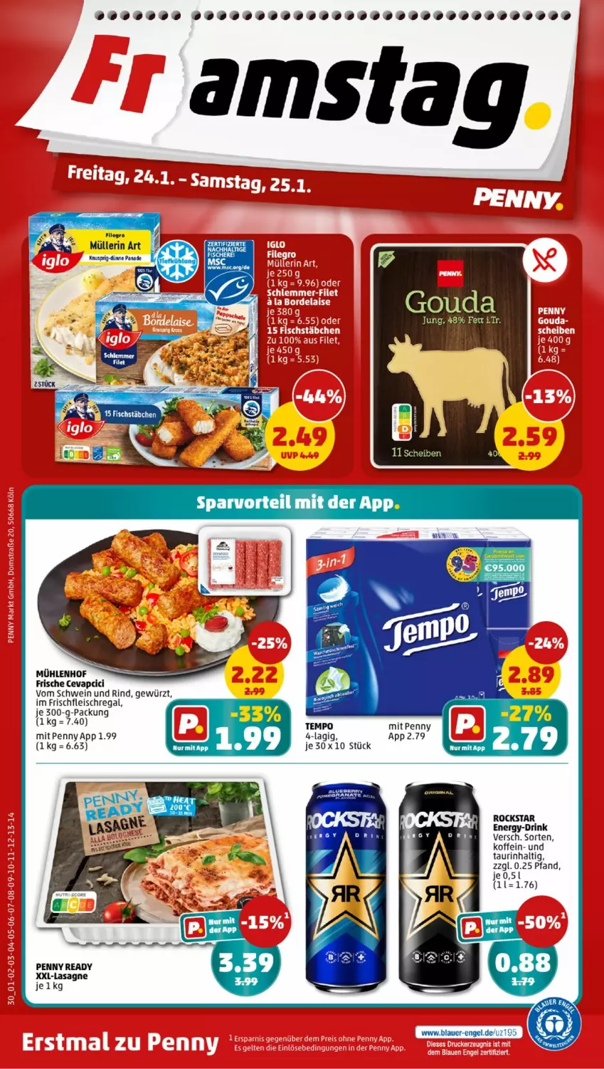 Aktueller Prospekt Penny - Prospekte - von 20.01 bis 25.01.2025 - strona 30 - produkty: cevapcici, drink, eis, filegro, fisch, fische, Fischer, fleisch, gewürz, gouda, gouda jung, HDD, lasagne, Müller, müllerin art, regal, rind, Rockstar, Schere, schwein, schwein und rind, Tempo, Ti, vom schwein und rind, wein