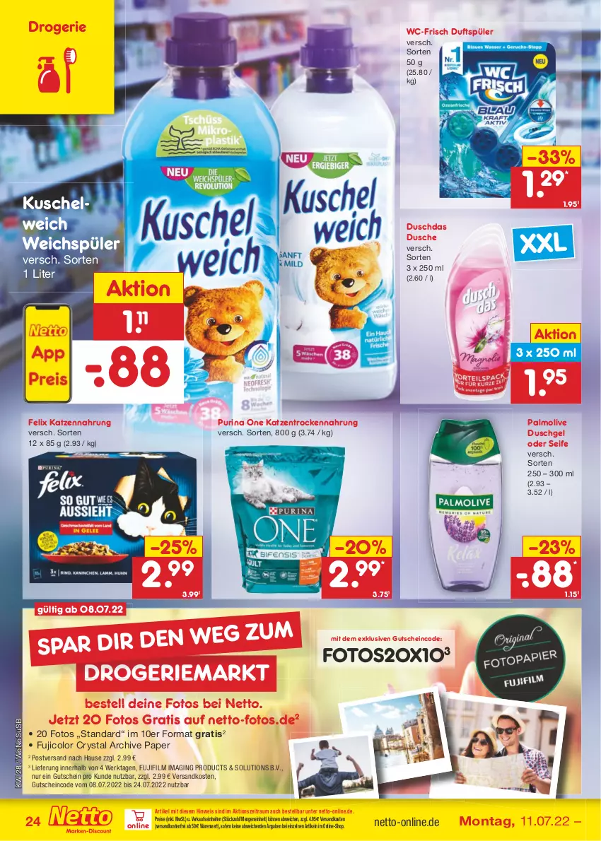 Aktueller Prospekt Netto Marken-Discount - Filial-Angebote - von 11.07 bis 16.07.2022 - strona 24 - produkty: duschdas, dusche, duschgel, eis, felix, gin, gutschein, katzennahrung, Kuschelweich, ndk, olive, palmolive, purina, reis, Seife, Ti, Trockennahrung, usb, versandkostenfrei, weichspüler