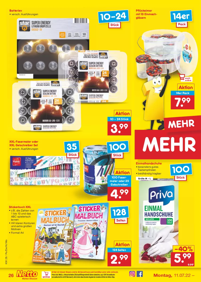 Aktueller Prospekt Netto Marken-Discount - Filial-Angebote - von 11.07 bis 16.07.2022 - strona 26 - produkty: batterie, batterien, buch, eimer, eis, fasermaler, Gläser, handschuhe, mac, ndk, reis, schuhe, Spiele, Stickerbuch, Ti, versandkostenfrei