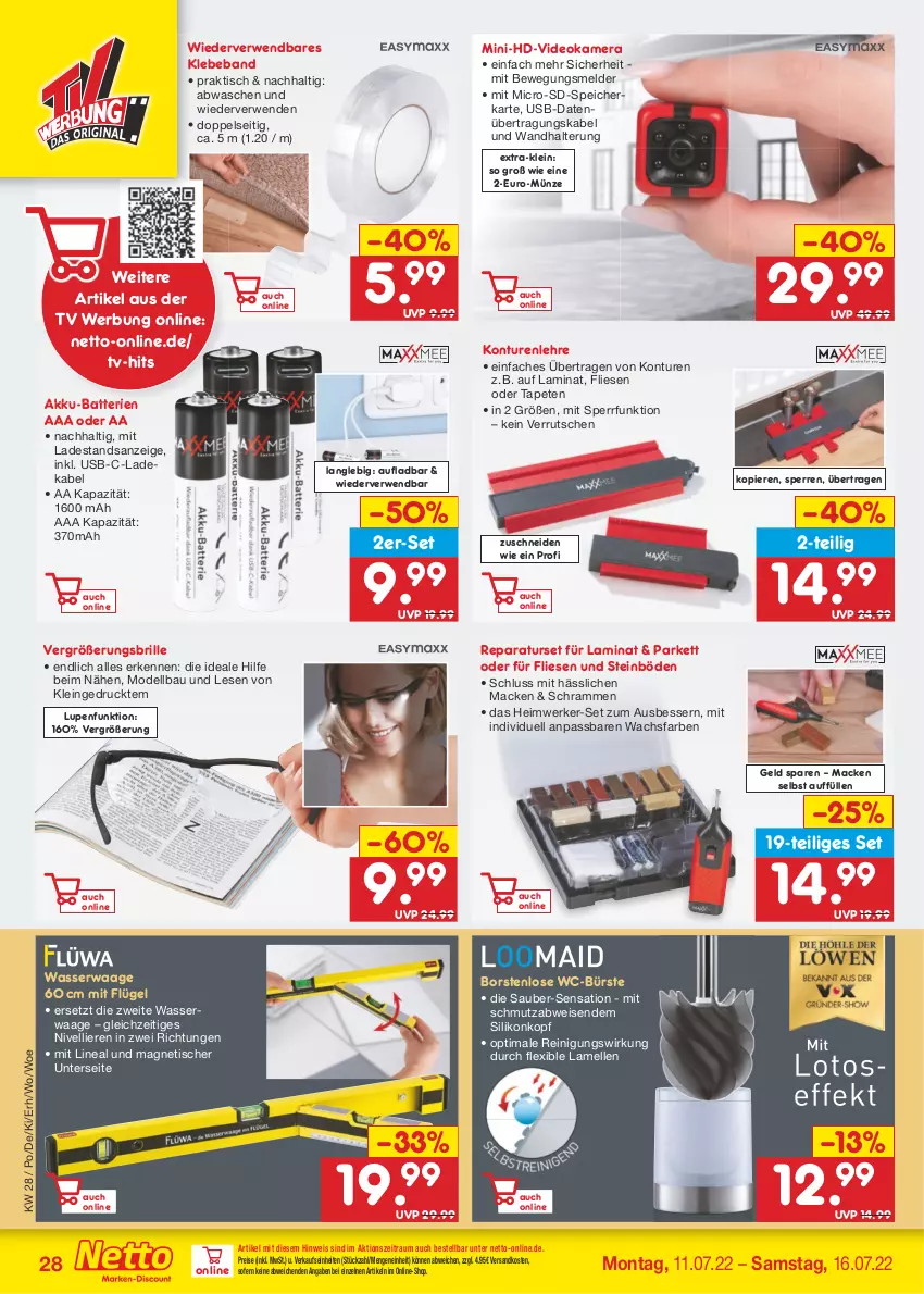 Aktueller Prospekt Netto Marken-Discount - Filial-Angebote - von 11.07 bis 16.07.2022 - strona 28 - produkty: akku, batterie, batterien, Bau, Beba, Brille, bürste, deka, dell, deo, eis, elle, gsw, kamera, ladekabel, laminat, mac, Mode, ndk, Reinigung, reis, rwe, speicherkarte, Tapete, Tapeten, Ti, tisch, usb, Waage, wandhalterung, wasser, WC-Bürste