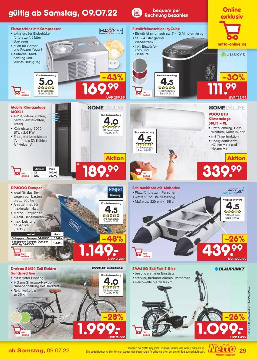 Aktueller Prospekt Netto Marken-Discount - Filial-Angebote - von 11.07 bis 16.07.2022 - strona 29 - produkty: angebot, Behälter, Dreirad, E-Bike, eis, eismaschine, eiswürfel, Elektro, emmi, Frozen Yogurt, kompressor, korb, nexus, Reinigung, reis, Schal, schlauch, shimano, Sorbet, Ti, timer, wasser, wassertank, würfel, Yo, ZTE