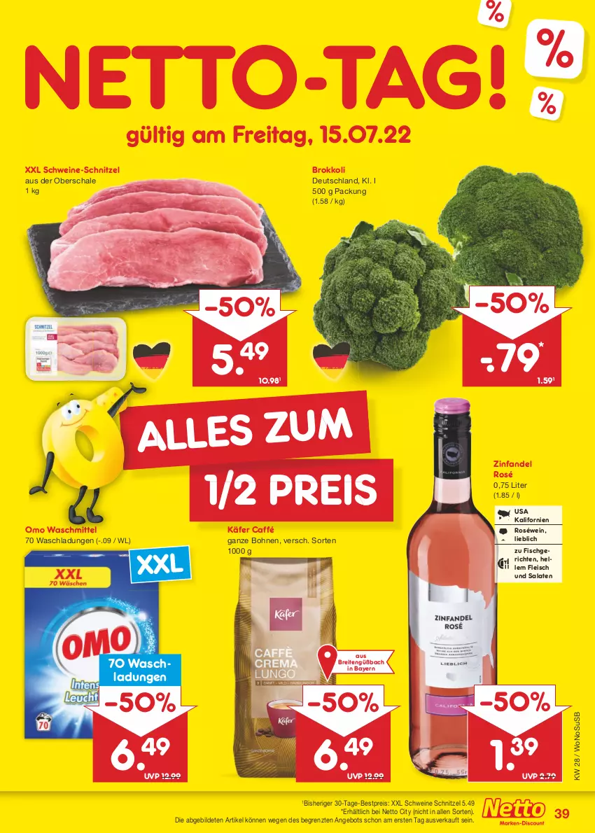 Aktueller Prospekt Netto Marken-Discount - Filial-Angebote - von 11.07 bis 16.07.2022 - strona 39 - produkty: angebot, bestpreis, bohne, bohnen, Brei, brokkoli, eis, elle, fisch, fleisch, käfer, reis, roséwein, salat, salate, Schal, Schale, schnitzel, schwein, schweine, schweine-schnitzel, Ti, usb, waschmittel, wein, weine, ZTE