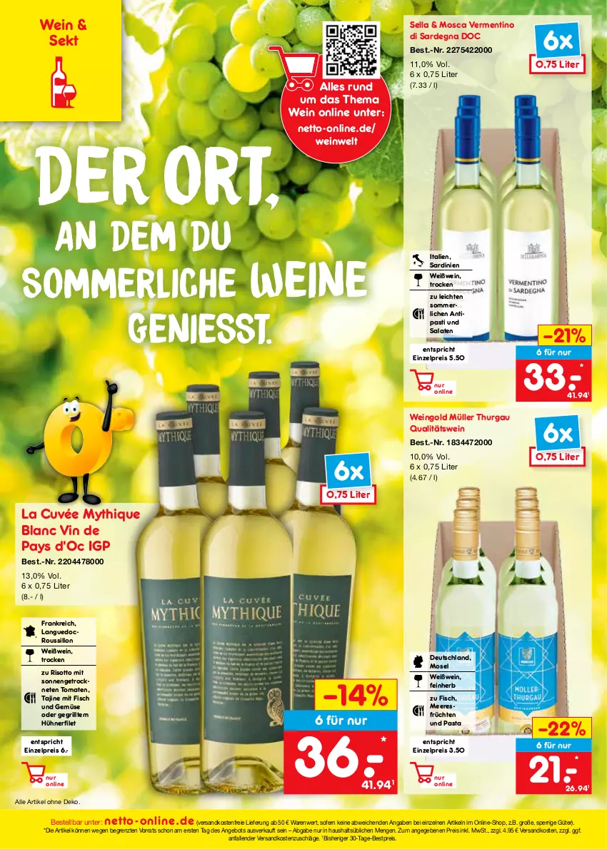 Aktueller Prospekt Netto Marken-Discount - Filial-Angebote - von 11.07 bis 16.07.2022 - strona 42 - produkty: angebot, antipasti, asti, bestpreis, cuvée, eis, filet, fisch, früchte, früchten, grill, hühner, Hühnerfilet, meeresfrüchte, merl, Müller, ndk, nerf, pasta, qualitätswein, reis, risotto, salat, salate, sekt, Ti, tomate, tomaten, und gemüse, versandkostenfrei, wein, weine, Weißwein, ZTE