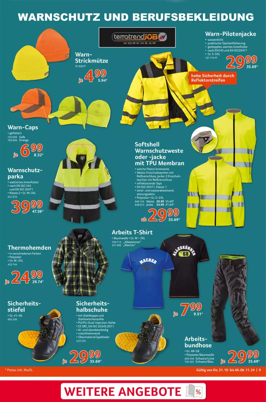 Aktueller Prospekt Selgros - Non Food - von 31.10 bis 06.11.2024 - strona 9 - produkty: angebot, angebote, Bau, baumwolle, Cap, eis, hemd, hemden, hose, Jacke, kleid, Kleidung, mac, Mütze, orange, reifen, schuhe, shirt, T-Shirt, Tasche, taschen, Ti, Tiere, wasser, Weste, wolle